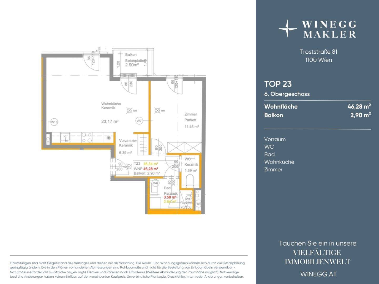 Grundriss einer Wohnung im 6. Obergeschoss mit Wohnküche, Schlafzimmer, Bad, separatem WC und Balkon.