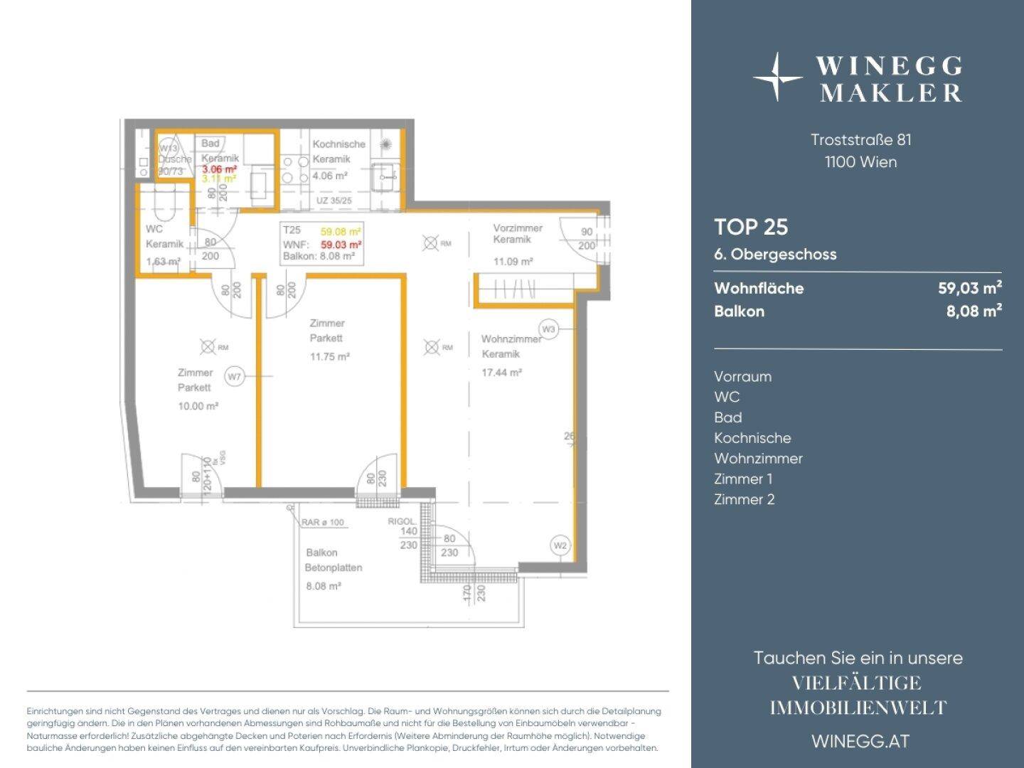 Grundriss einer Wohnung mit Wohnzimmer, zwei Schlafzimmern, Bad, separatem WC, Kochnische und Balkon.