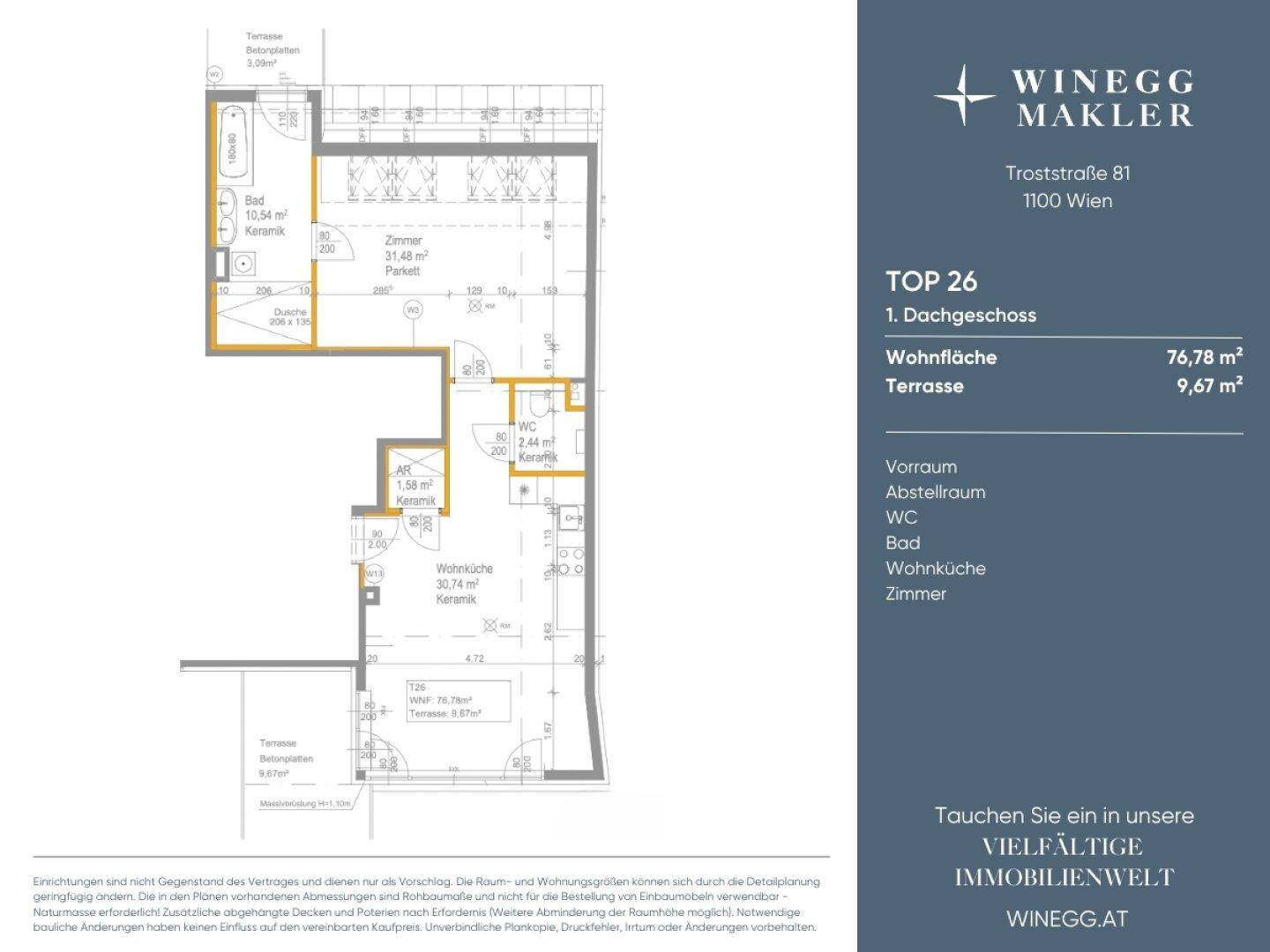 Grundriss der Wohnung im ersten Dachgeschoss mit Wohnküche, Bad, WC und Terrasse.