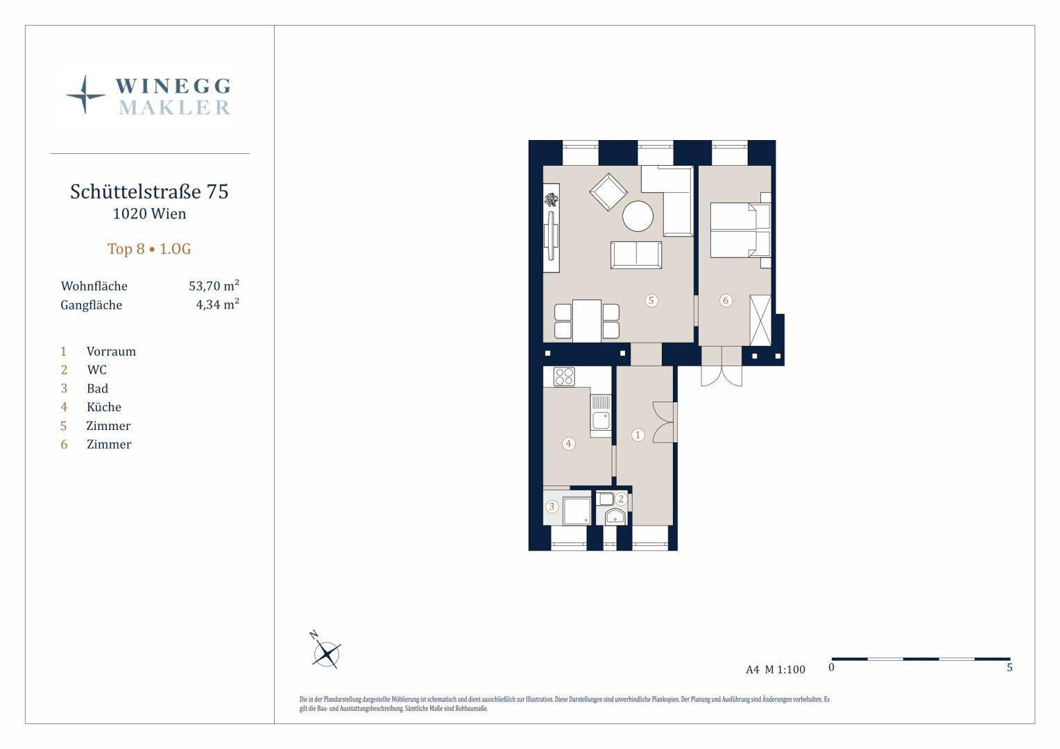 Grundriss der Wohnung Top 8 mit Wohnfläche von 53,70 m², inklusive Schlafzimmer und offener Küche.