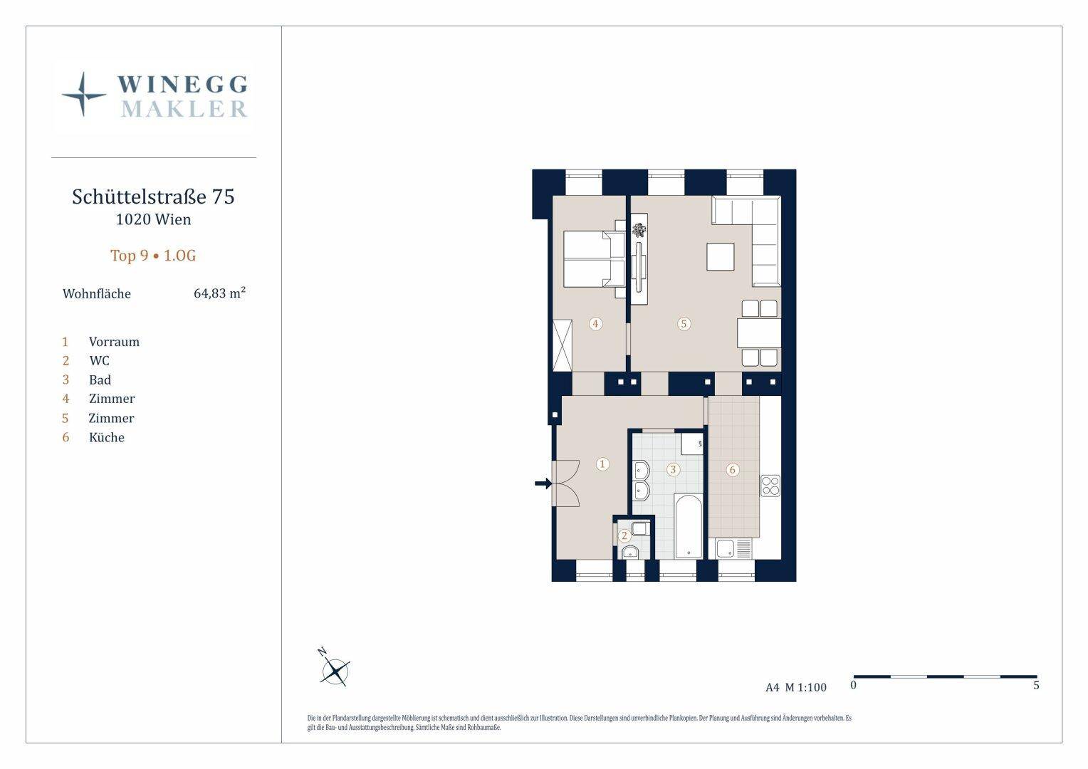 Grundriss der Wohnung Top 9 mit Wohnfläche von 64,83 m², inklusive Schlafzimmer und separater Küche.