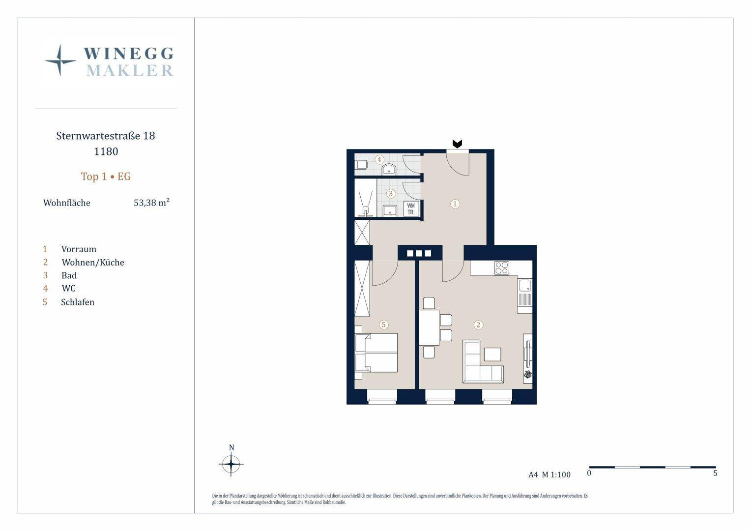 Grundriss der Wohnung mit Wohn-/Küchenbereich, Schlafzimmer, Bad und WC.