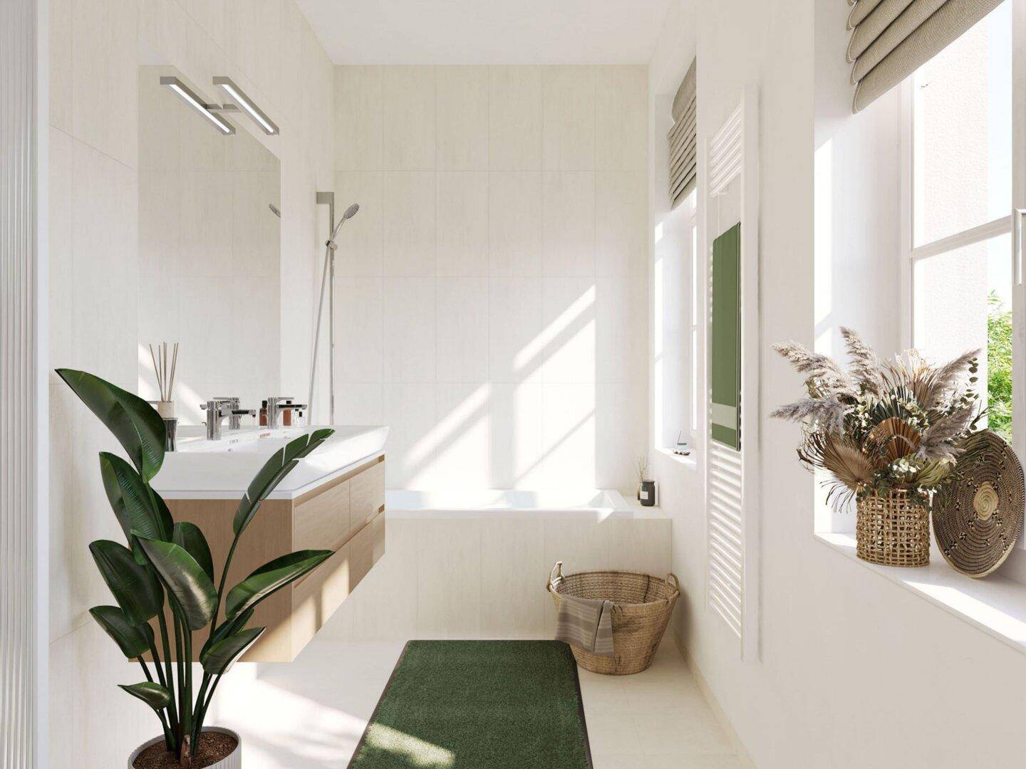 Modernes Badezimmer mit Badewanne, großem Waschbecken und Fenster für Tageslicht.
