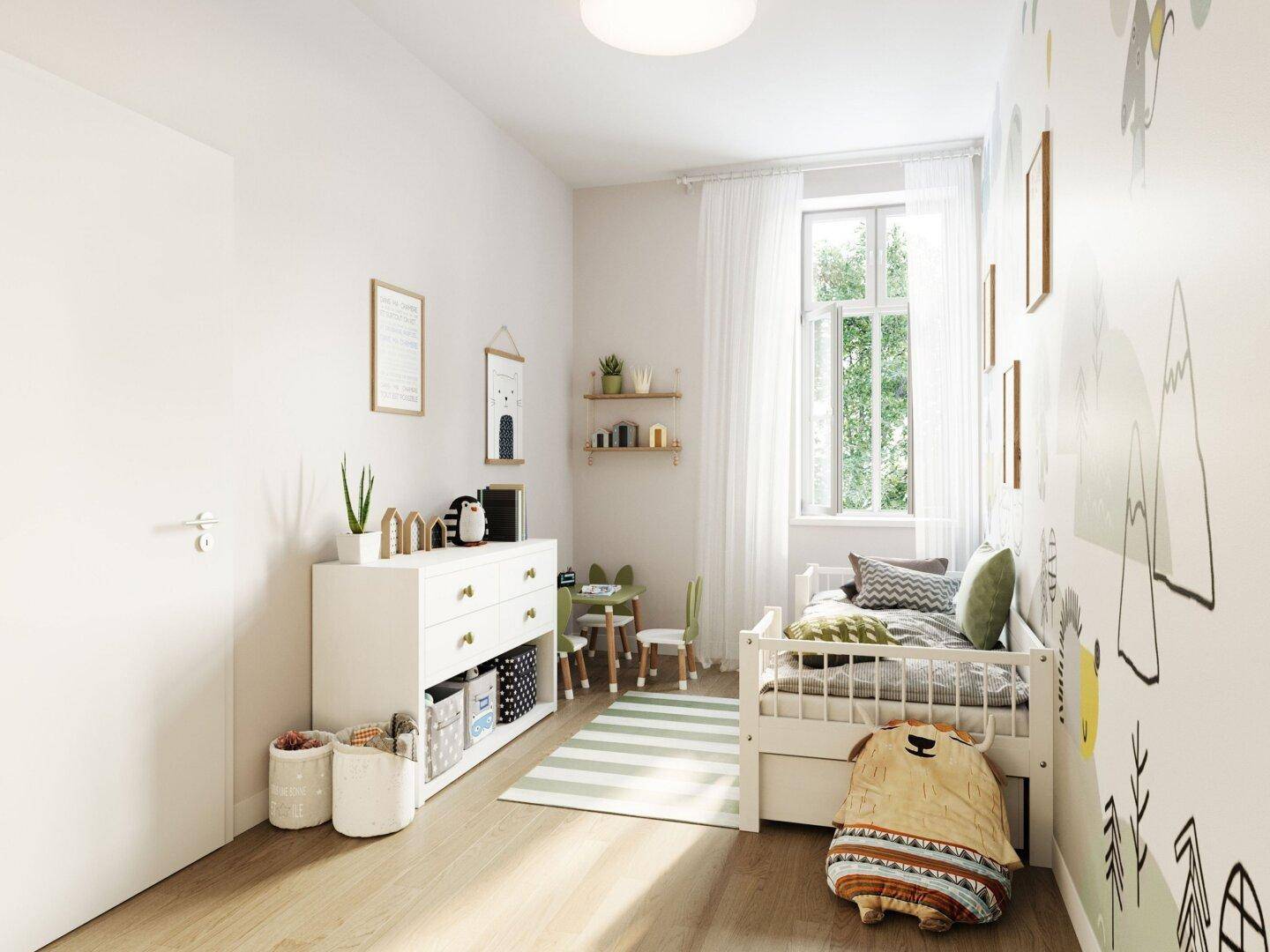 Kinderzimmer mit hellem Holzboden, verspielter Wanddekoration und Einzelbett.