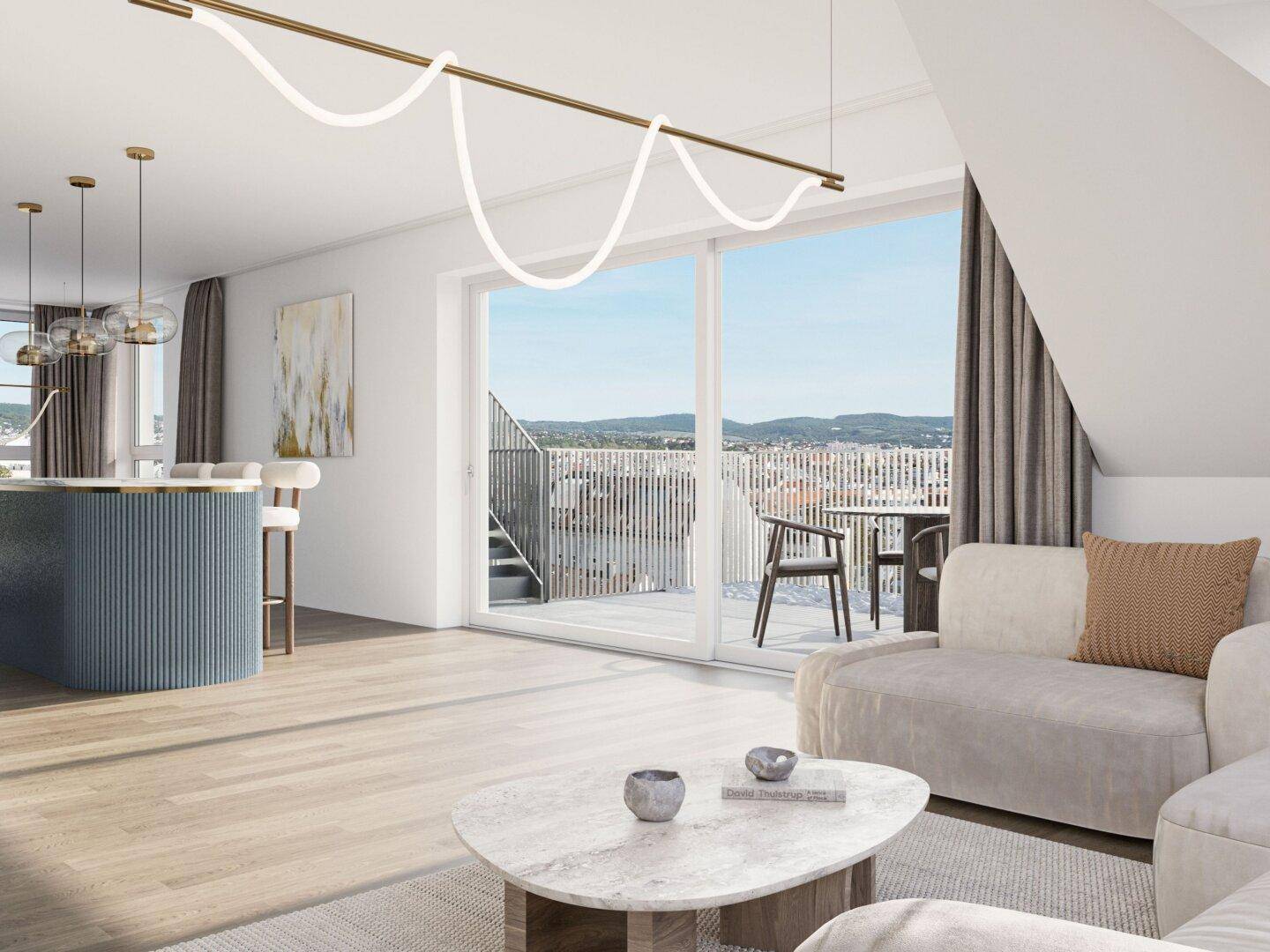 Offener Wohnbereich mit moderner Küche, Sofa und Zugang zu einer Terrasse mit Weitblick.