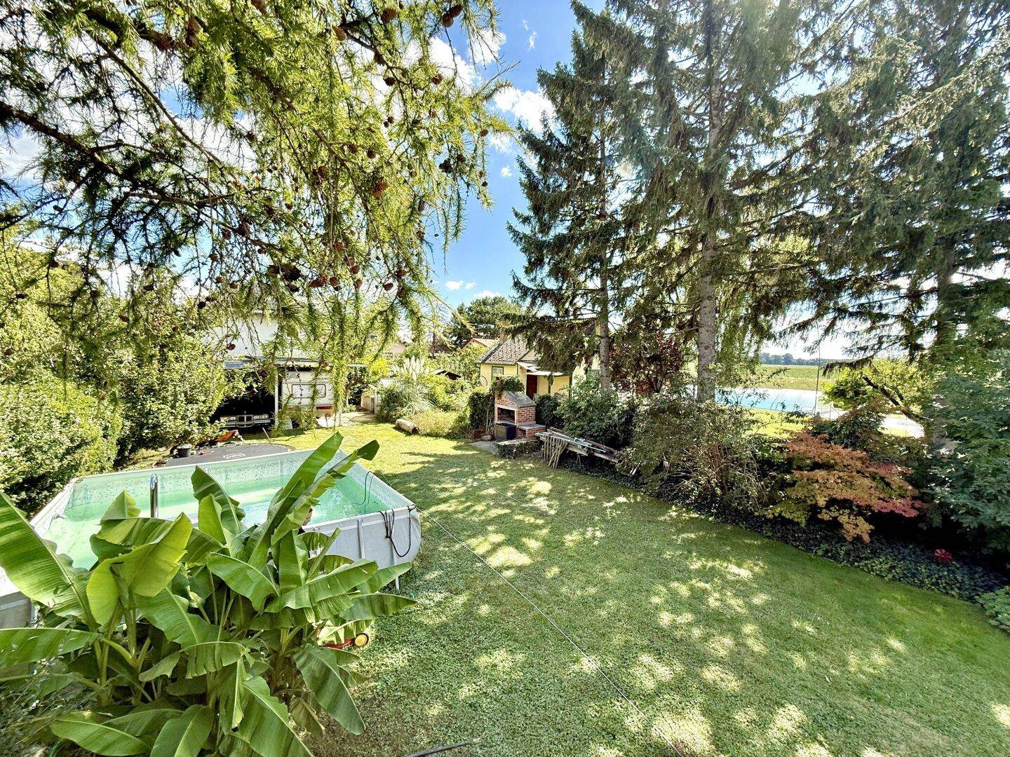 Weitläufiger Garten mit Aufstellpool, umgeben von hohen Bäumen und viel Grün.