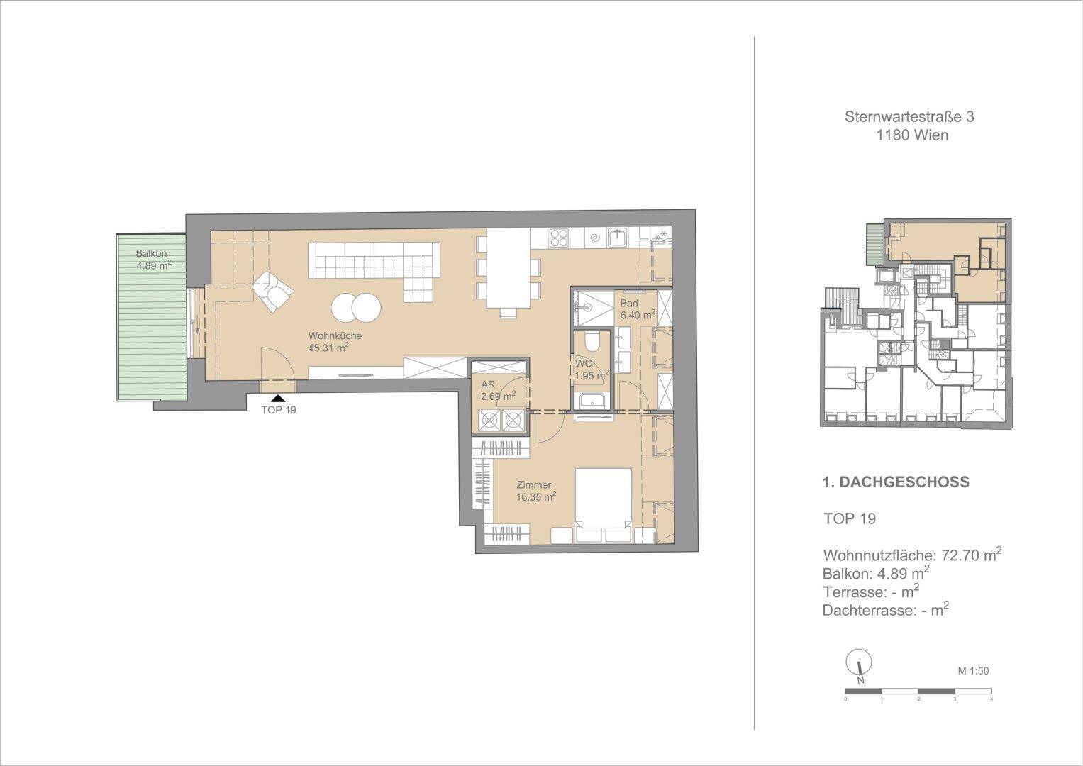 Grundriss des Dachgeschosses TOP 19 mit Wohnnutzfläche von 72,70 m² und Balkon.