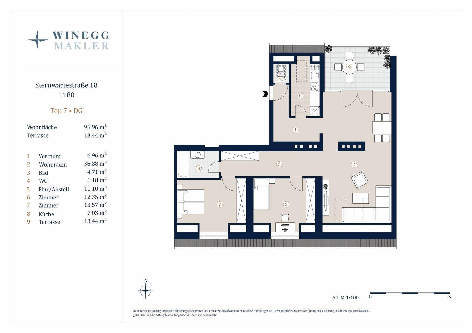 Grundriss der Dachgeschosswohnung mit Wohnbereich, drei Zimmern, Bad, WC und Terrasse.