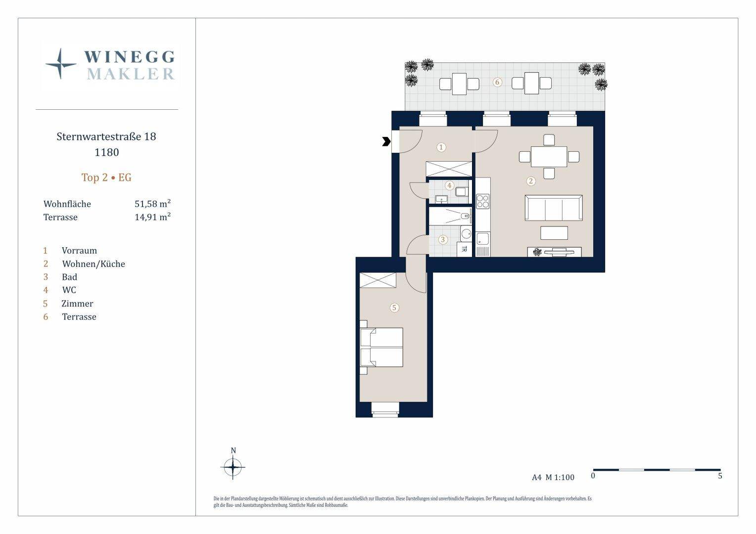 Detaillierter Grundriss der Wohnung mit Wohnfläche und Terrassenbereich.