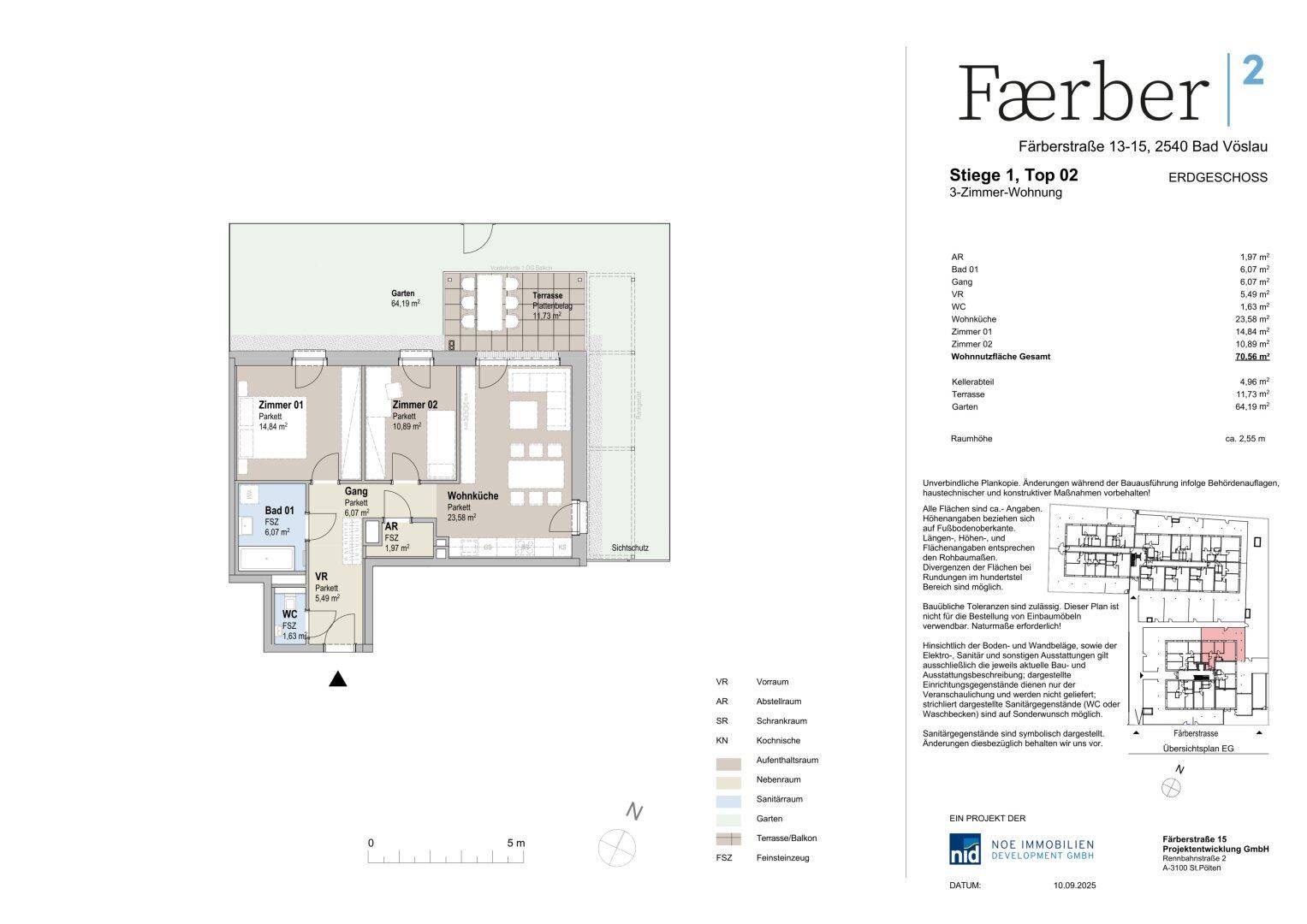 Detaillierter Grundriss einer 3-Zimmer-Wohnung im Erdgeschoss mit Garten und Terrasse.