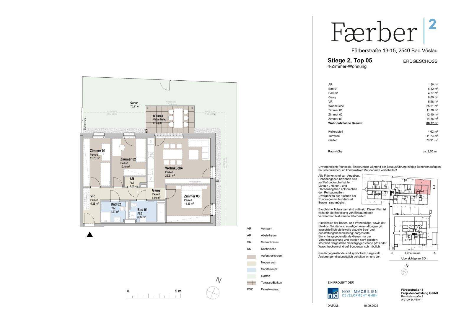 Detaillierter Grundriss einer 3-Zimmer-Wohnung mit Terrasse und Garten im Erdgeschoss.