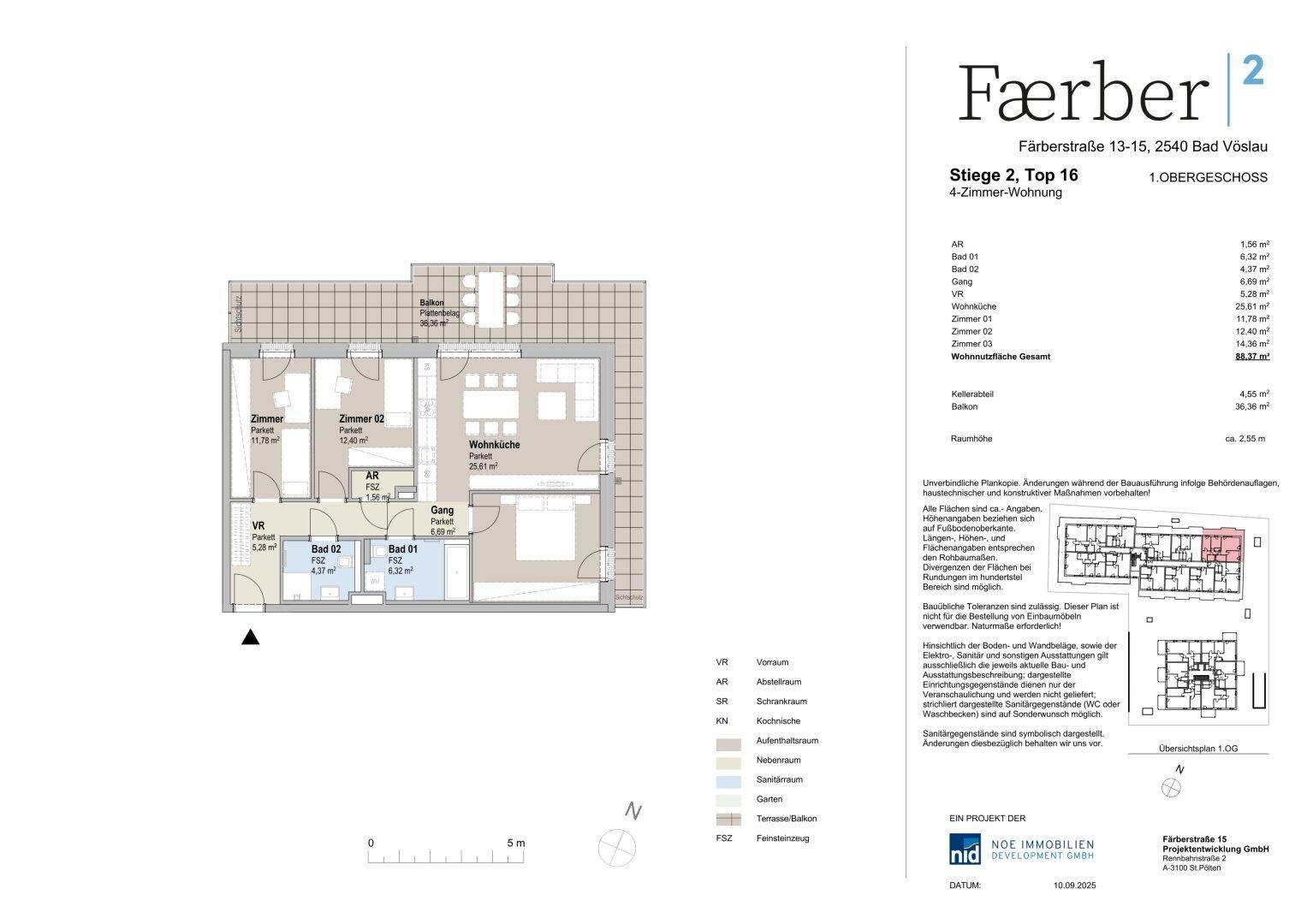 Grundriss einer 2-Zimmer-Wohnung im Obergeschoss mit Balkon und offener Wohnküche.