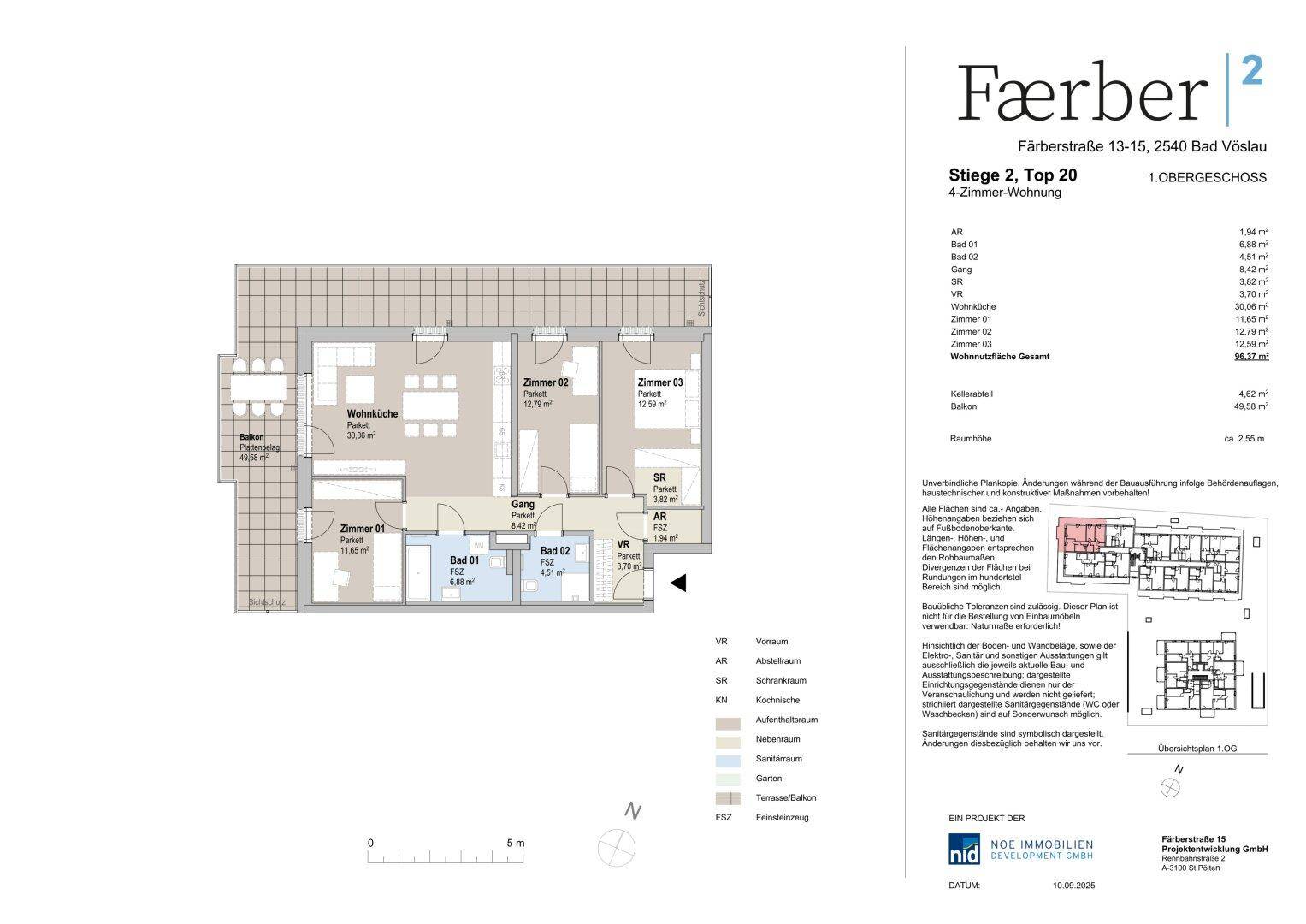 Detaillierter Grundriss einer 3-Zimmer-Wohnung im Obergeschoss mit Balkon und offenem Wohnbereich.