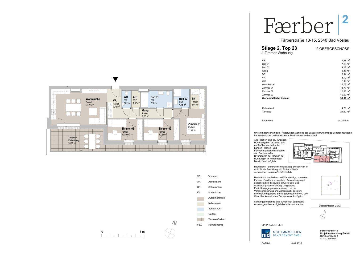 Detaillierter Grundriss einer 3-Zimmer-Wohnung mit Terrasse und offenem Wohnbereich.
