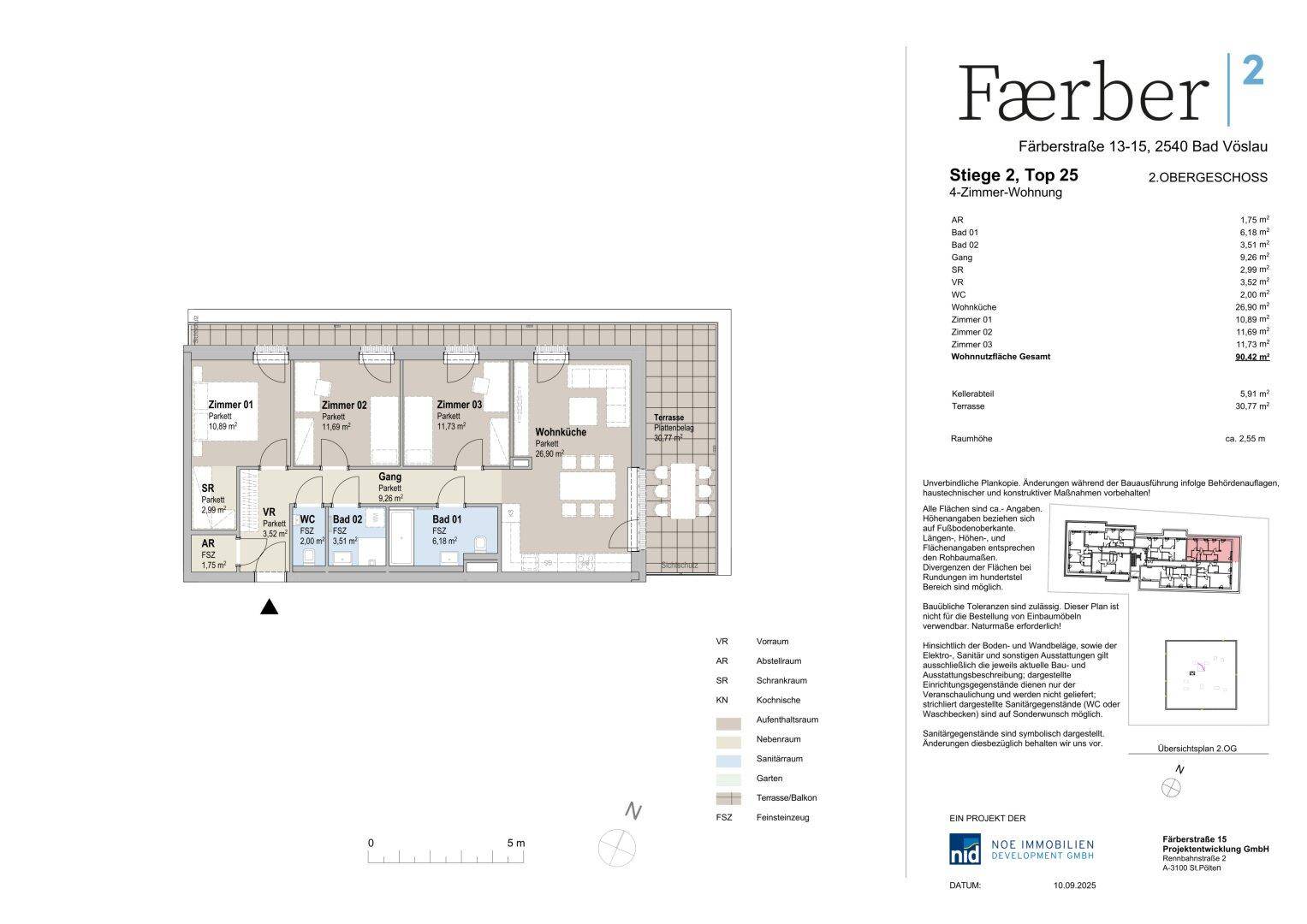 Detaillierter Grundriss einer 2-Zimmer-Wohnung mit Terrasse und offenem Wohnbereich.