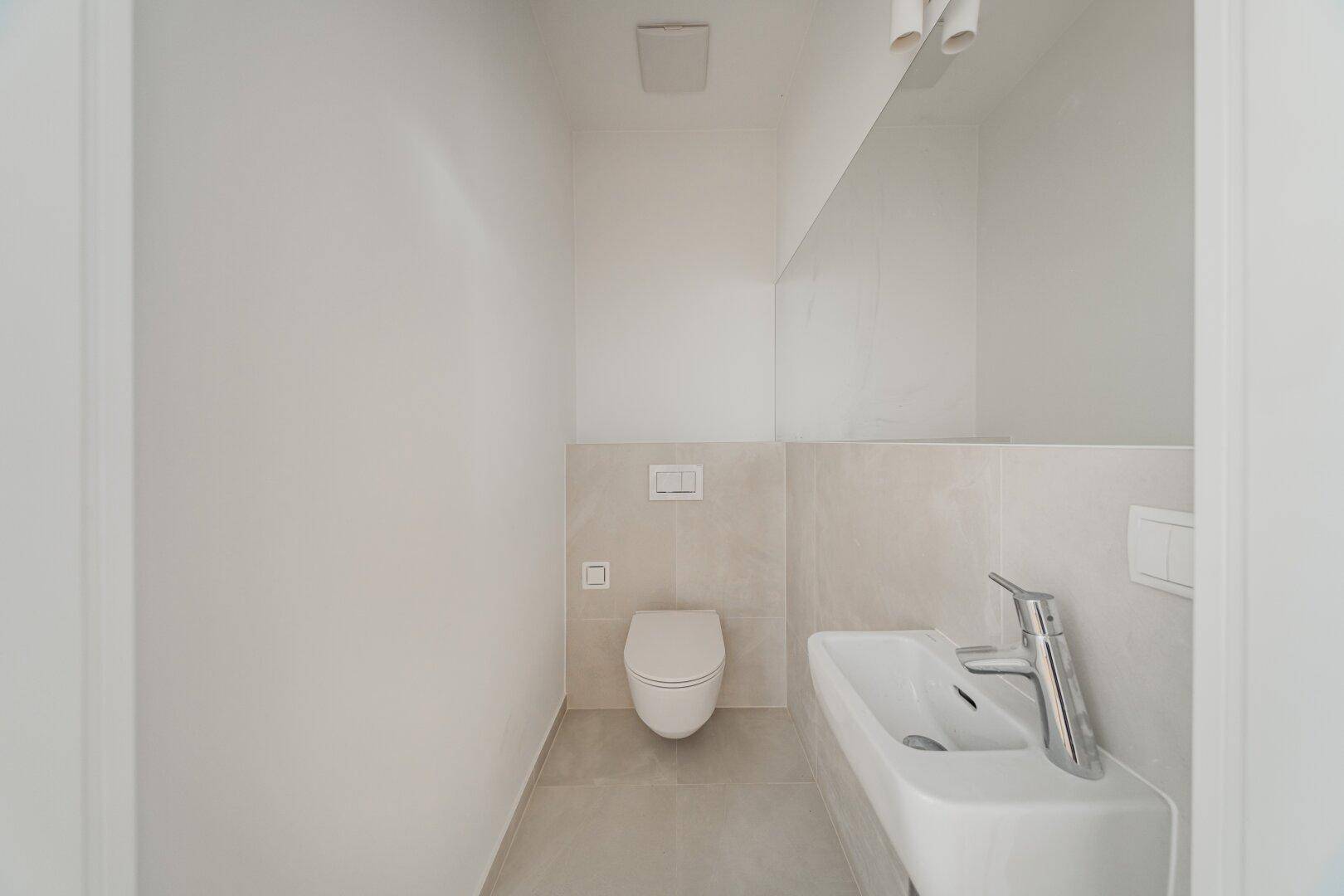 Modernes Gäste-WC mit wandhängender Toilette, kleinem Waschbecken und großem Spiegel.