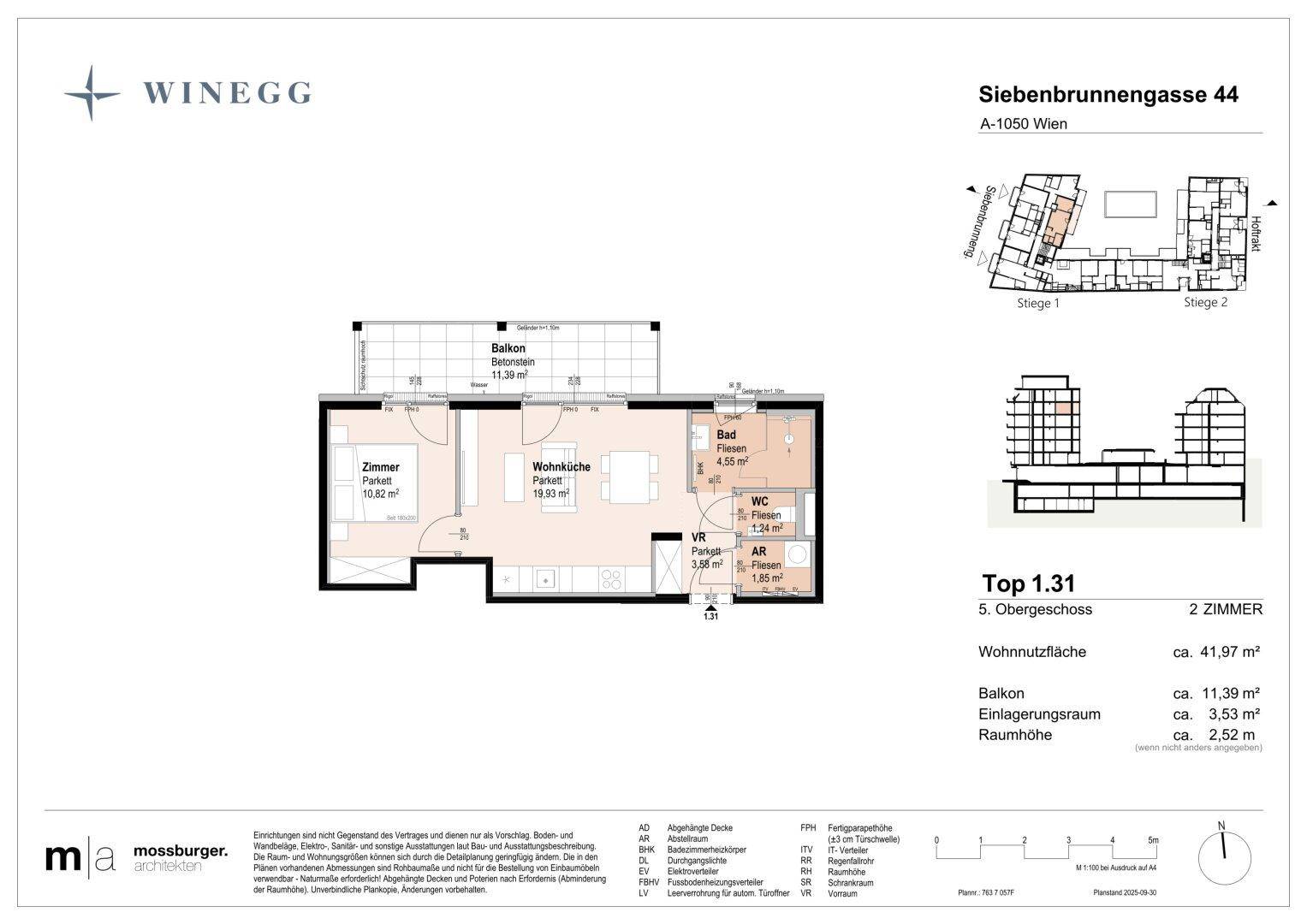 Grundriss der 2-Zimmer-Wohnung Top 1.31 mit Balkon im 5. Obergeschoss.