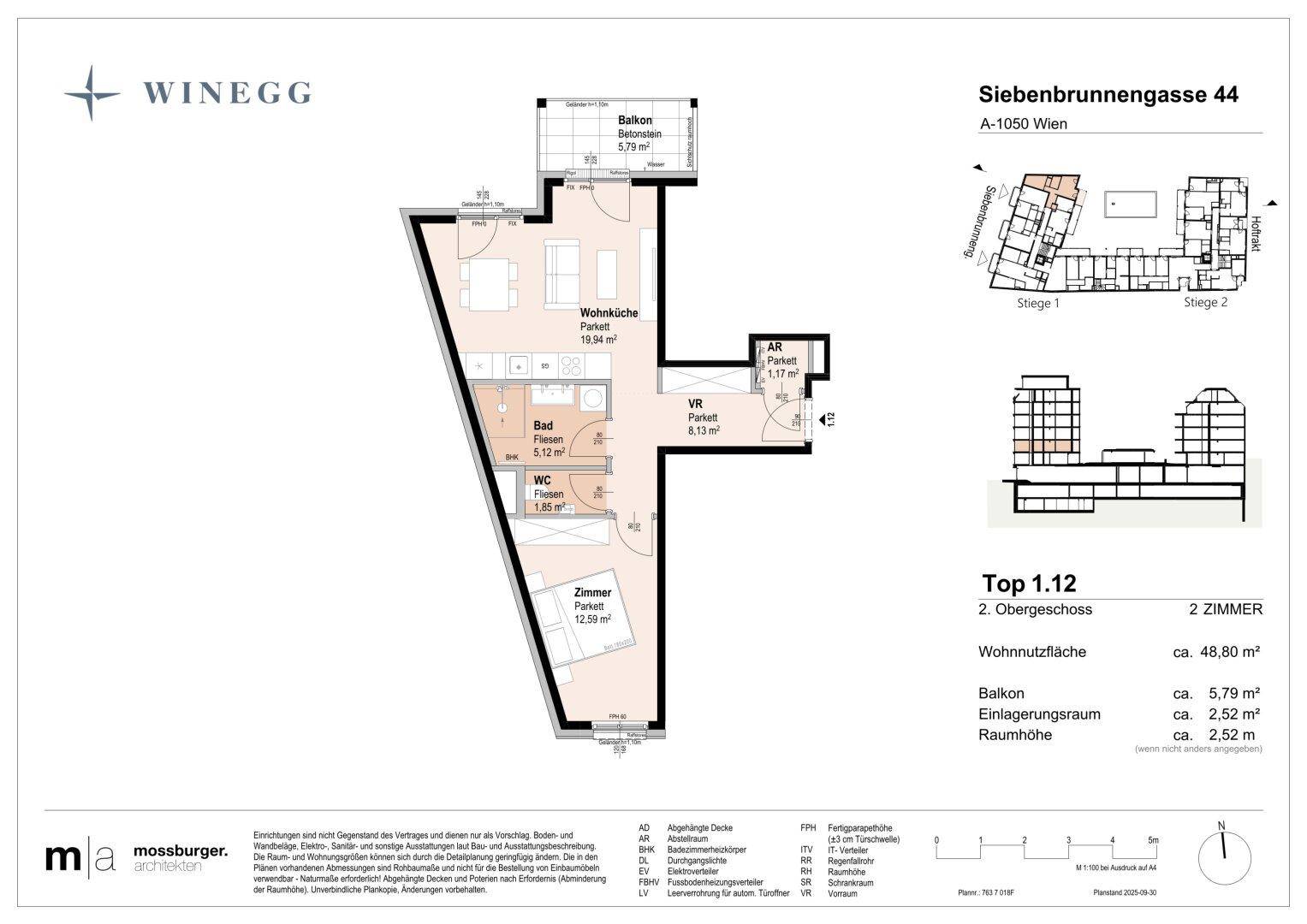 Detaillierter Grundriss einer 2-Zimmer-Wohnung mit Balkon und separatem WC.