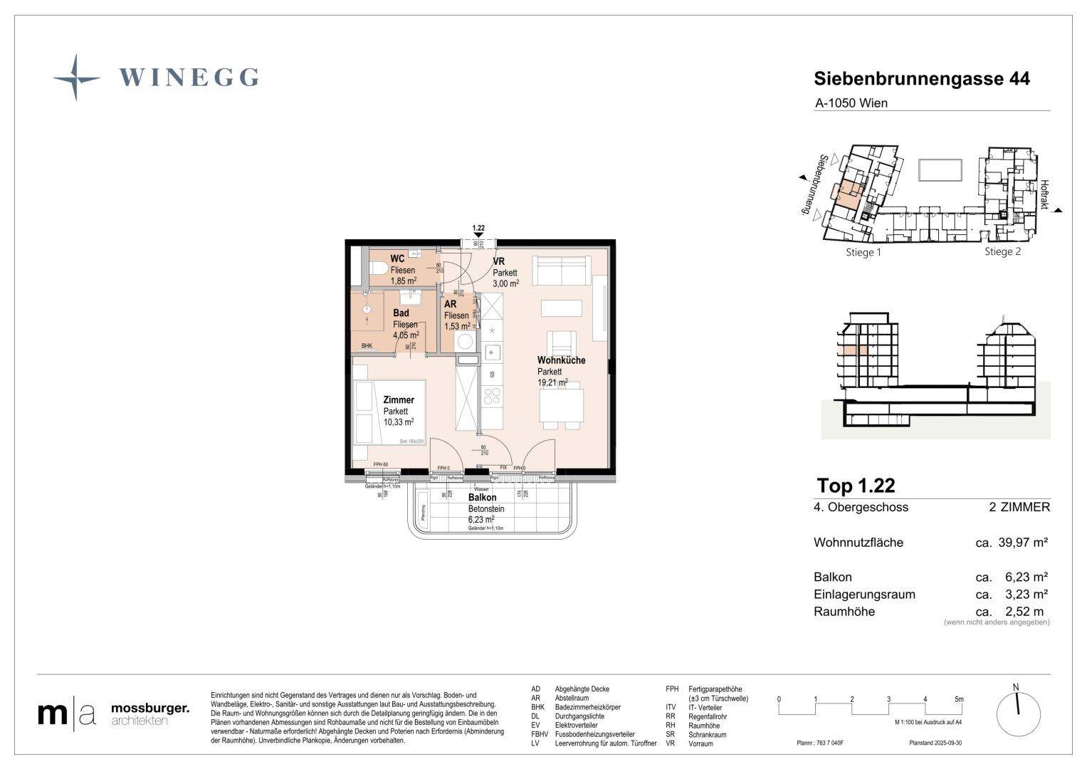 Grundriss einer 2-Zimmer-Wohnung im 4. Obergeschoss mit Balkon und offener Wohnküche.