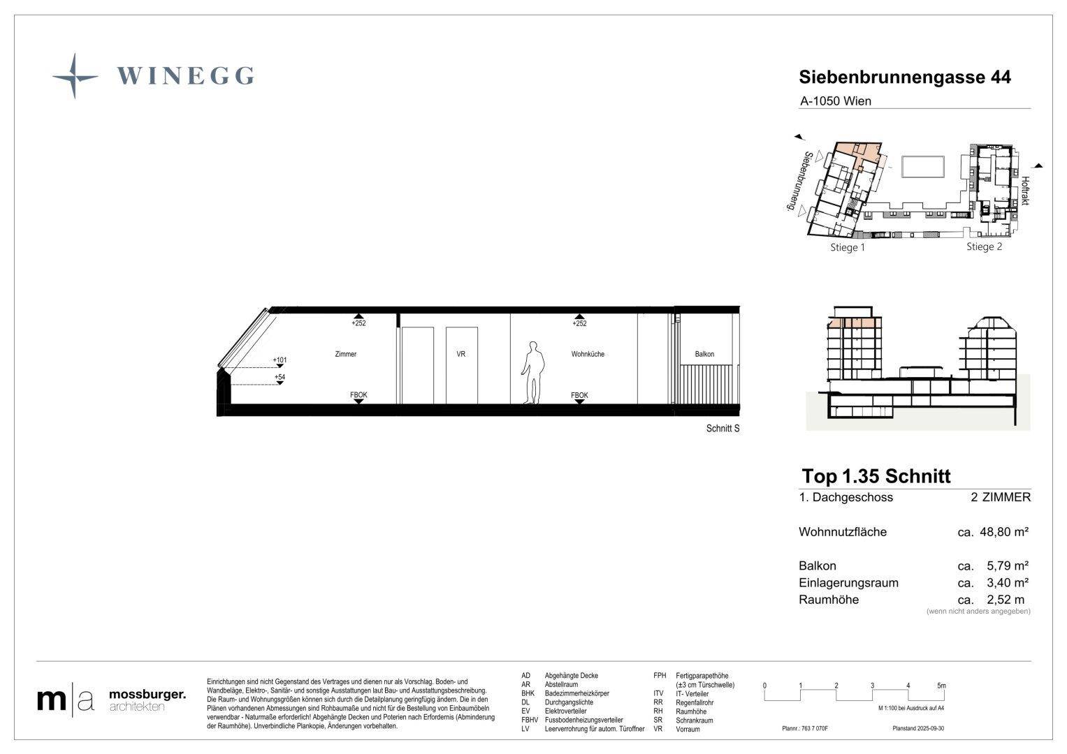 Schnittansicht einer Dachgeschosswohnung, die die Raumhöhe und den Balkon zeigt.