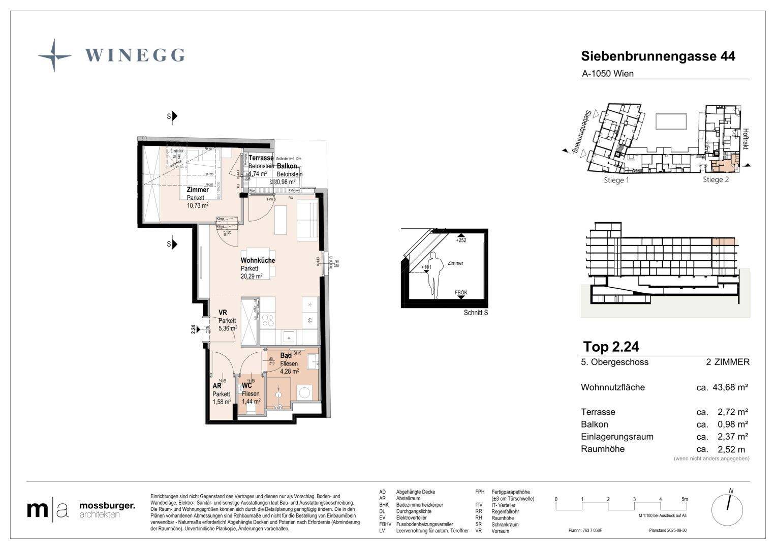 Grundriss einer 2-Zimmer-Wohnung im 5. Obergeschoss mit Terrasse und Balkon.