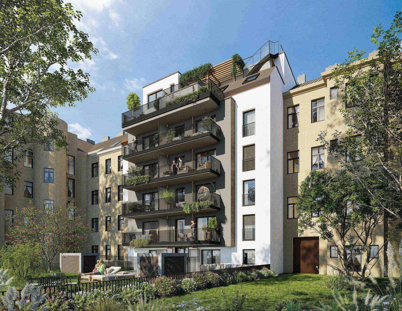Moderne Wohnanlage mit mehreren Balkonen und Dachterrasse in urbaner Umgebung, umgeben von Bäumen.