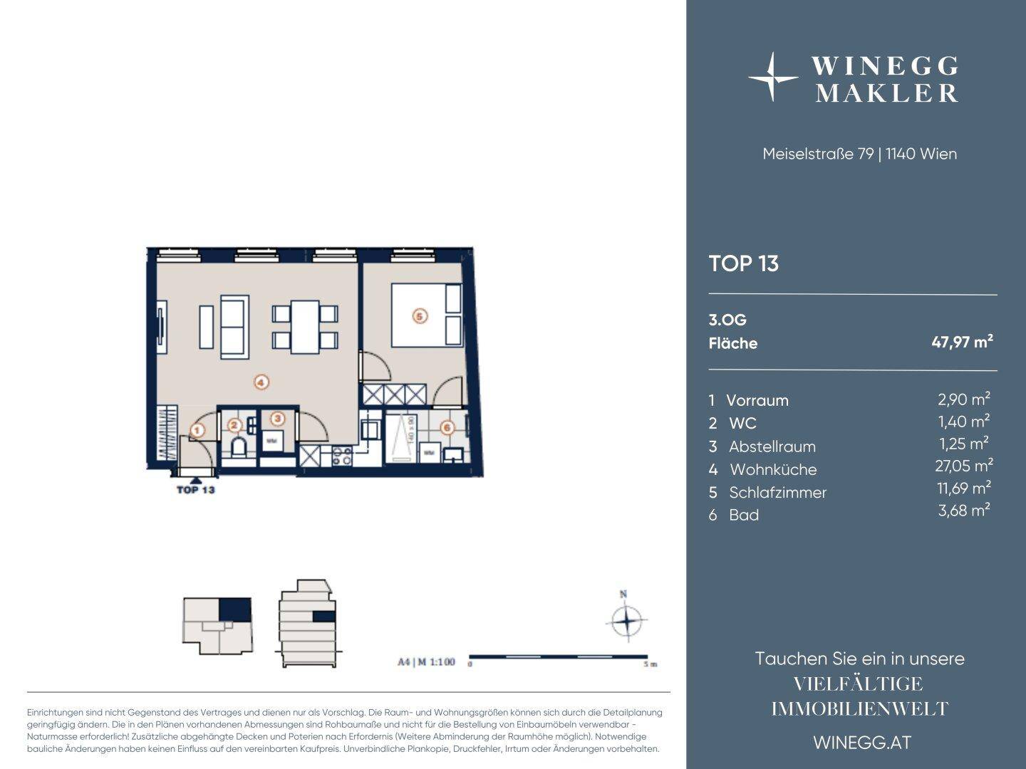 Grundriss der Wohnung TOP 13 mit Schlafzimmer, Wohnküche und Bad auf 47,97 m².