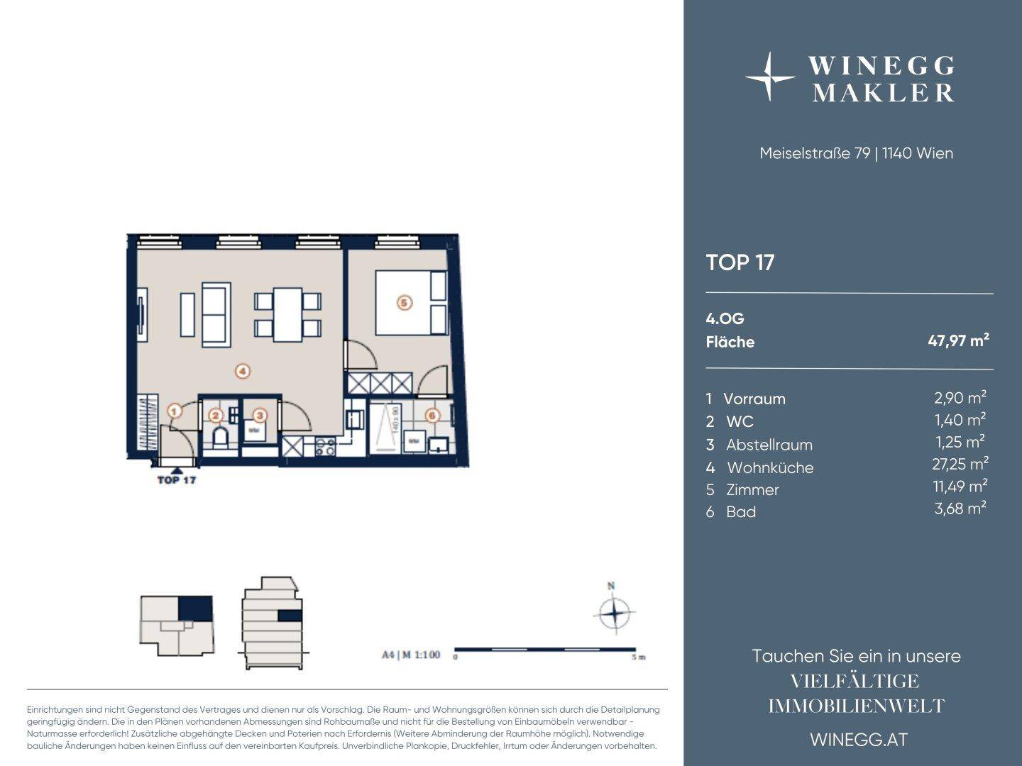 Grundriss der Wohnung Top 17 im 4. Obergeschoss mit Raumaufteilung und Flächenangaben.