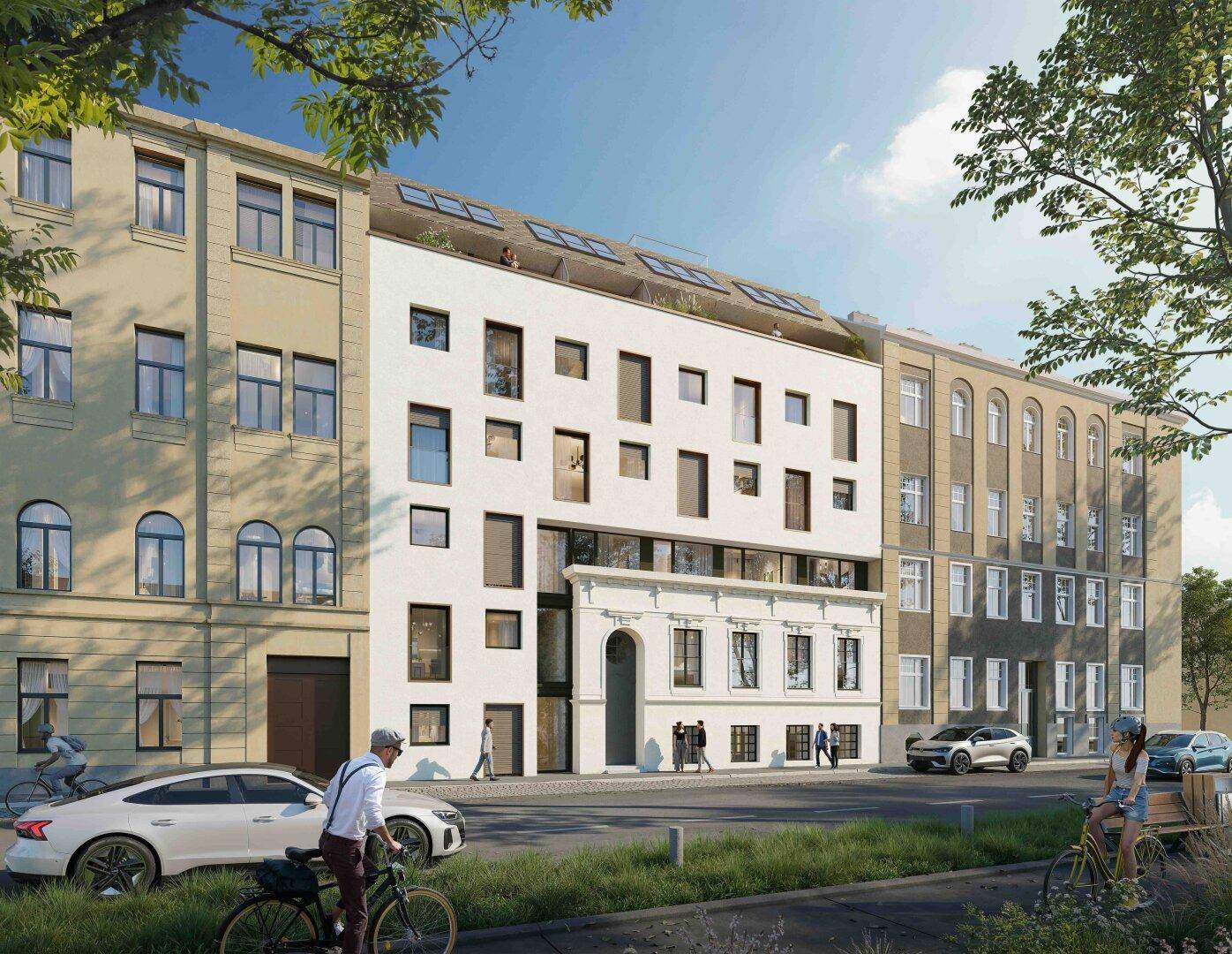 Moderne Fassade eines Neubaus in urbaner Umgebung mit unterschiedlichen Fenstergrößen.