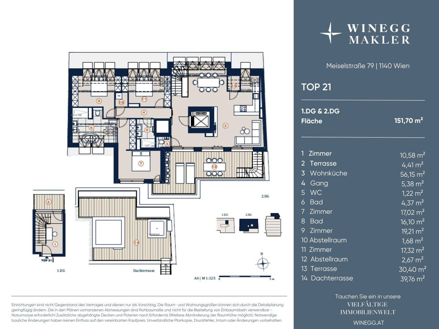 Detaillierter Grundriss einer Maisonette-Wohnung mit mehreren Zimmern und Terrassen.