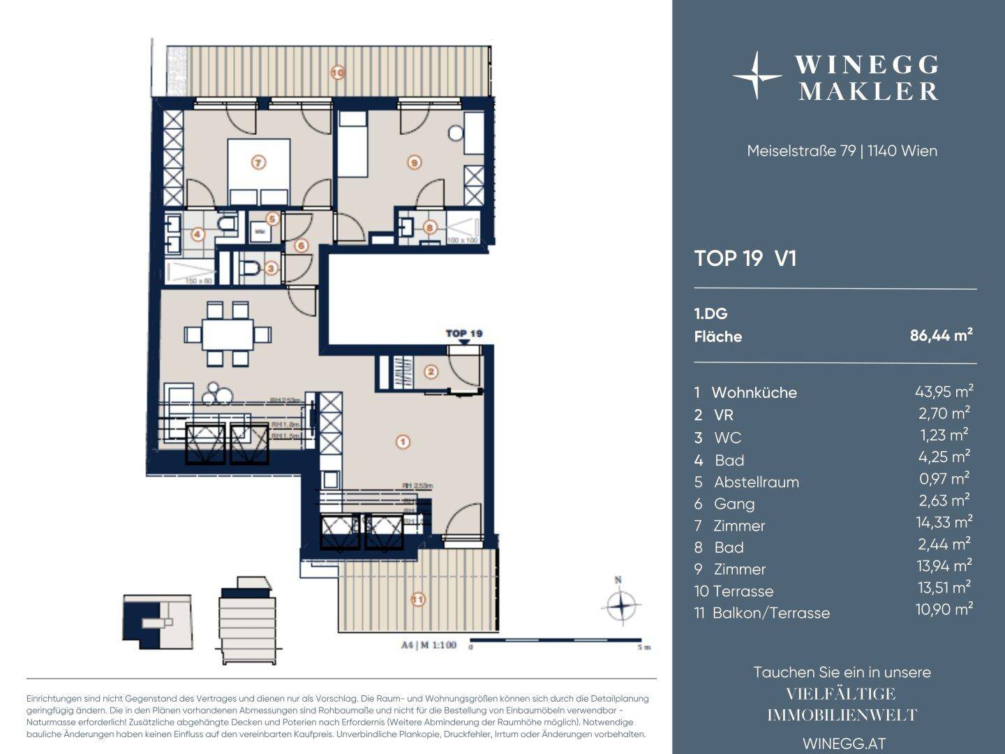 Detaillierter Grundriss einer Wohnung mit Wohnküche, zwei Bädern und großer Terrasse.