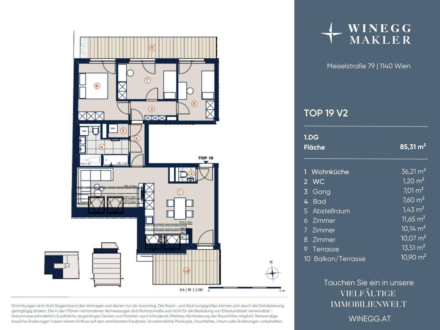 Detaillierter Grundriss einer Wohnung mit Wohnküche, zwei Bädern und großer Terrasse.