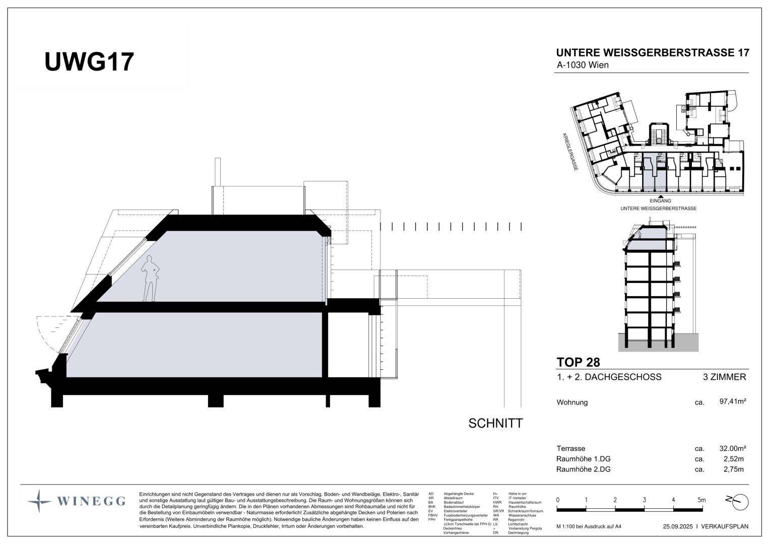 Schnittzeichnung der Dachgeschosswohnung, die die Raumhöhe und Dachschrägen verdeutlicht.