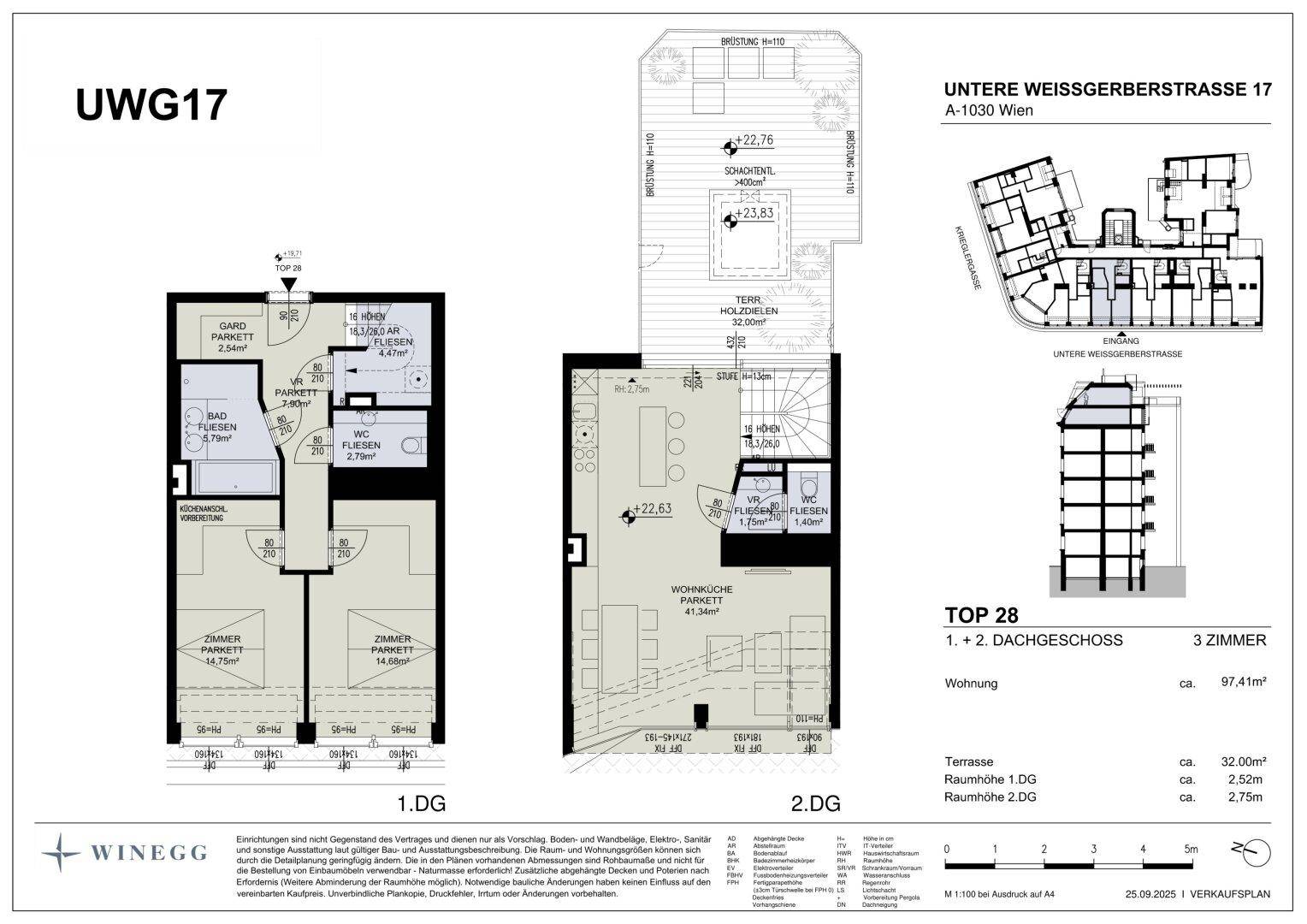 Grundriss der Dachgeschosswohnung mit zwei Ebenen, drei Zimmern und einer großen Terrasse.