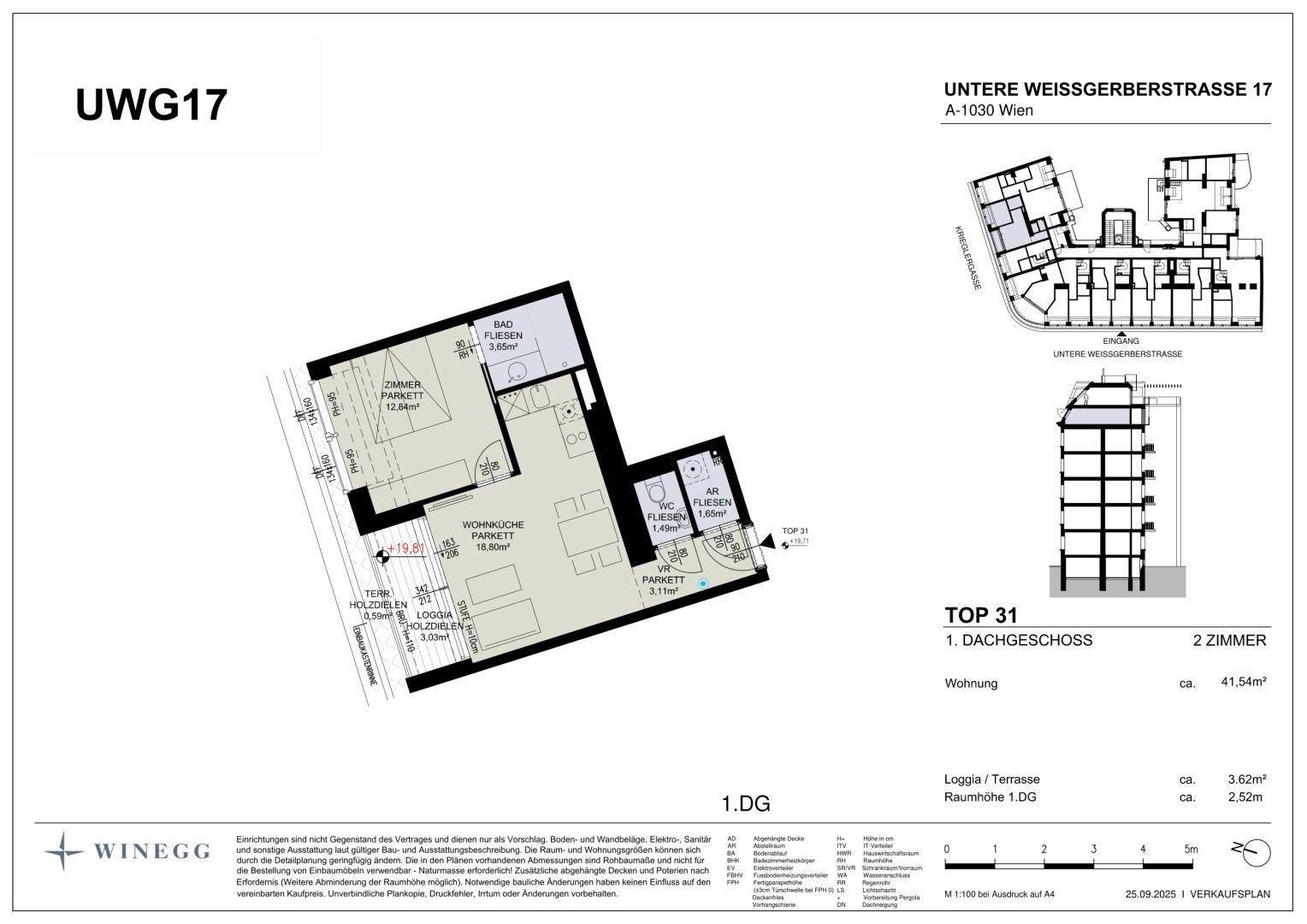 Grundriss der Dachgeschosswohnung UWG17 mit Loggia und zwei Zimmern.