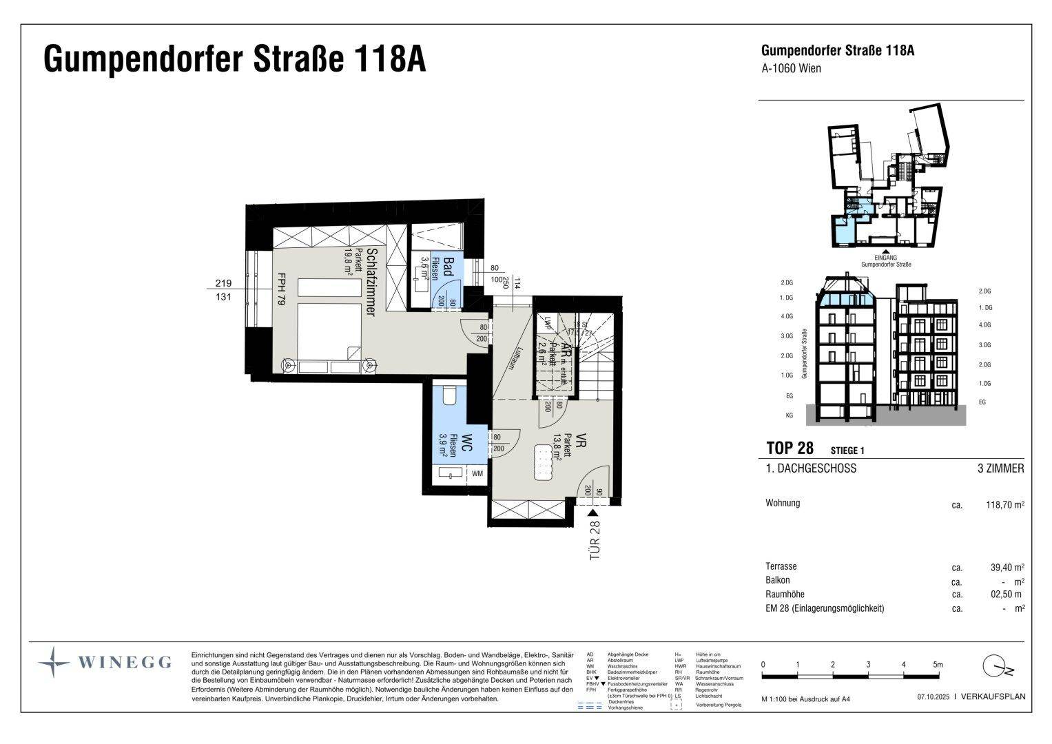 Grundriss des Dachgeschosses mit Schlafzimmer, Bad und separatem WC.
