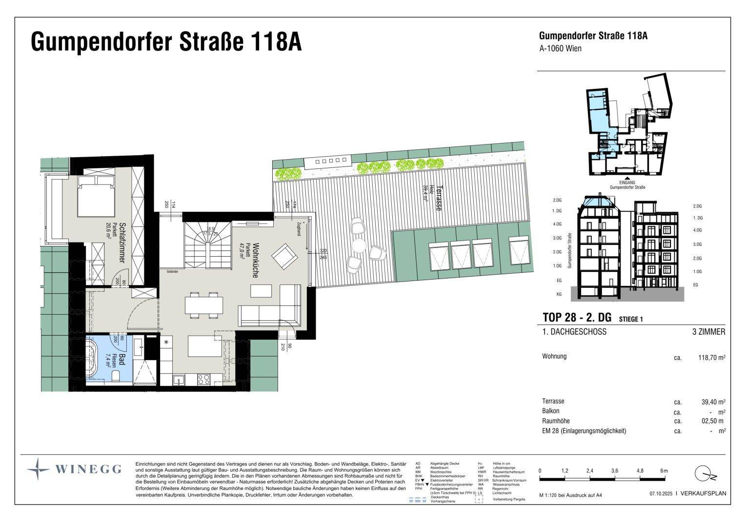 Grundriss des Dachgeschosses mit Wohnküche, Bad, WC und großer Terrasse.