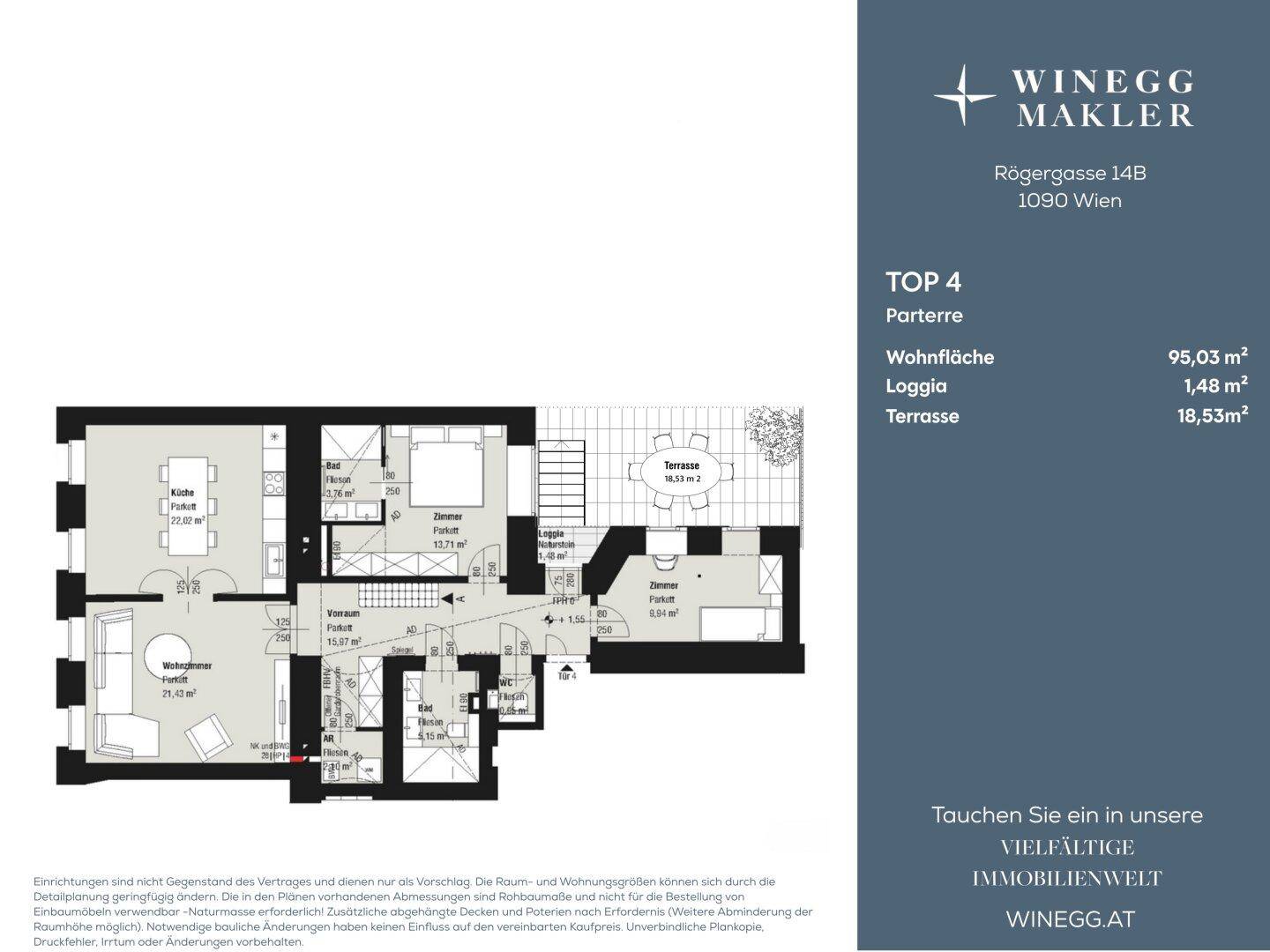 Detaillierter Grundriss der Wohnung TOP 4 mit 95,03 m² Wohnfläche, Loggia und Terrasse.