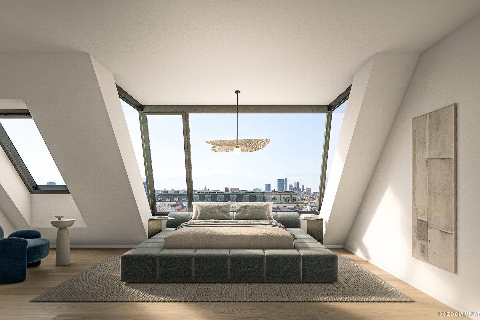 Modernes Schlafzimmer mit großem Fenster, Dachschrägen und weitem Blick über die Stadt.