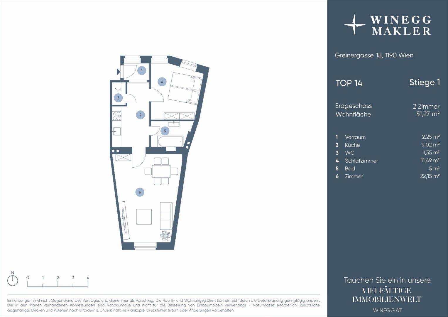 Detaillierter Grundriss der Wohnung Top 14 mit Raumaufteilung und Flächenangaben.