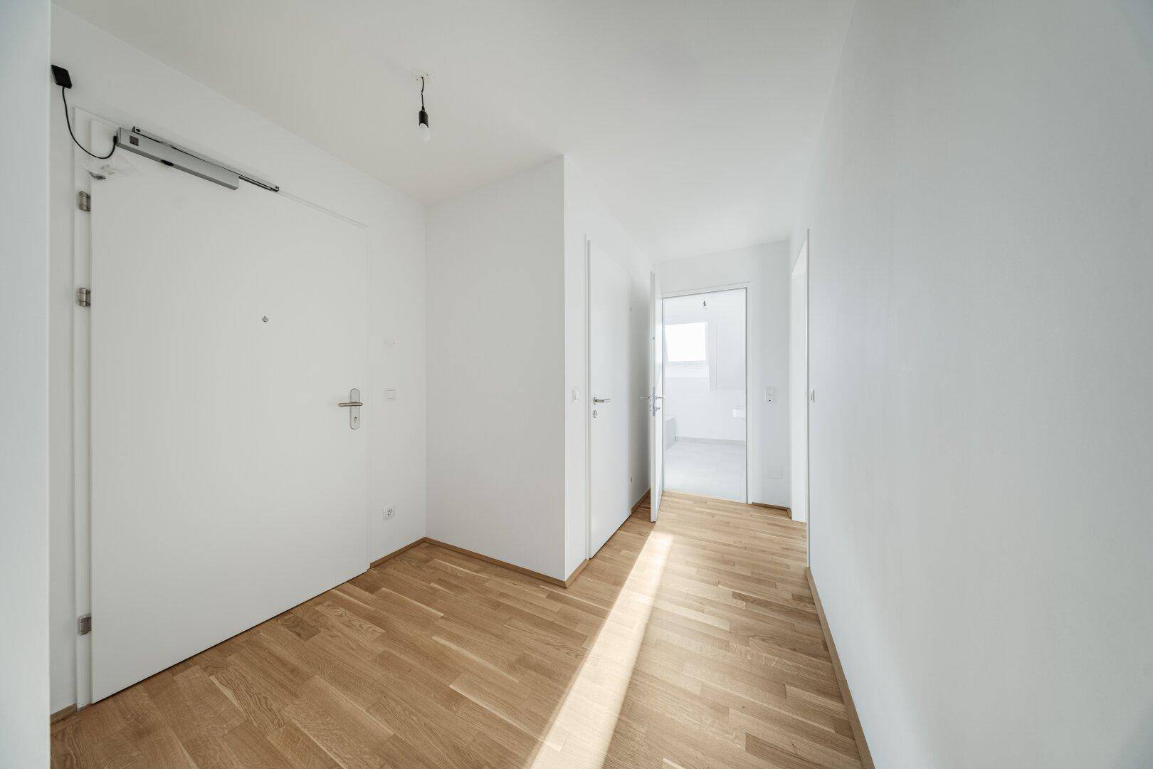 Heller Eingangsbereich mit Holzboden und weißen Türen, der viel natürliches Licht empfängt.