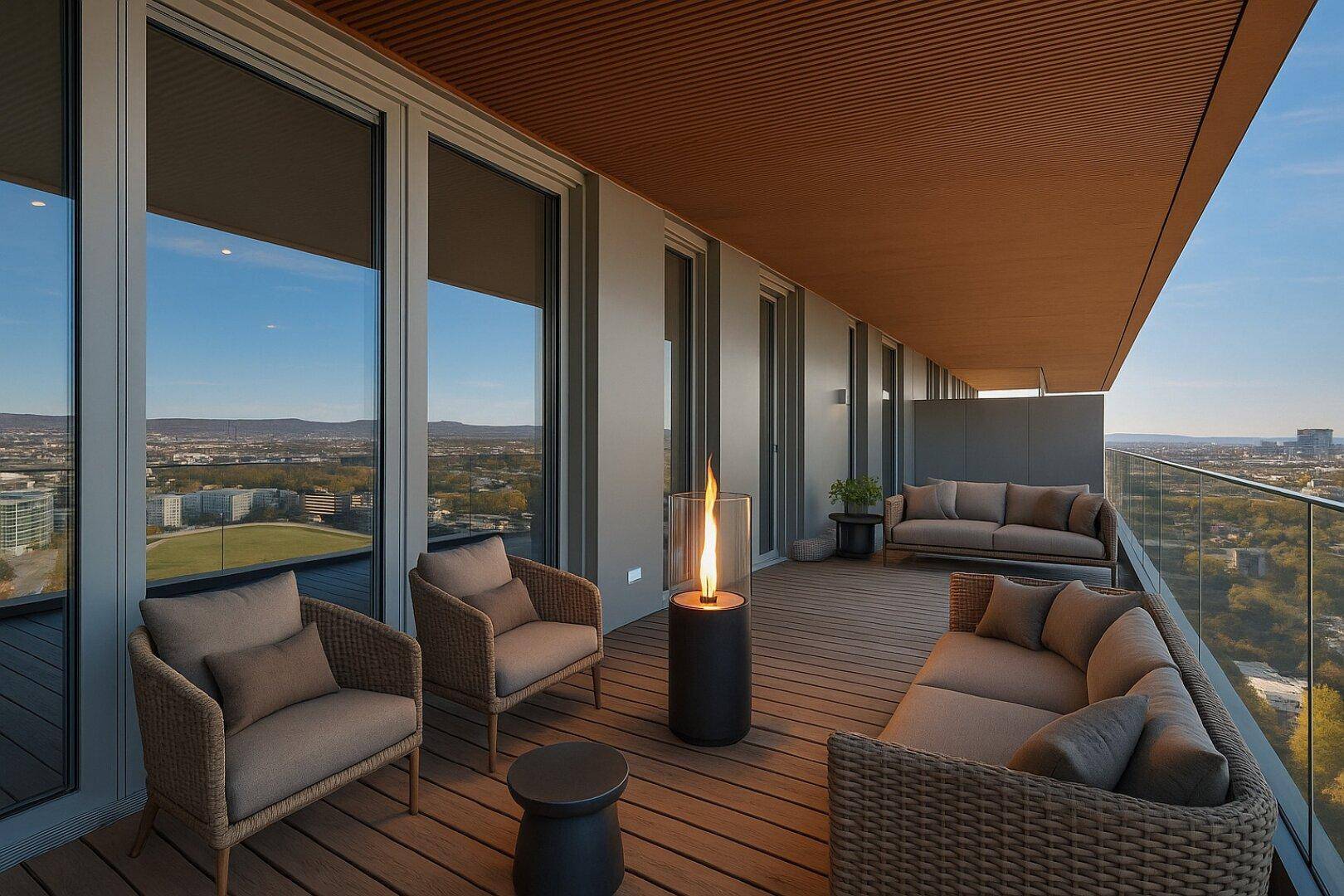 Geräumiger Balkon mit bequemen Loungemöbeln und Panoramablick über die Stadt.