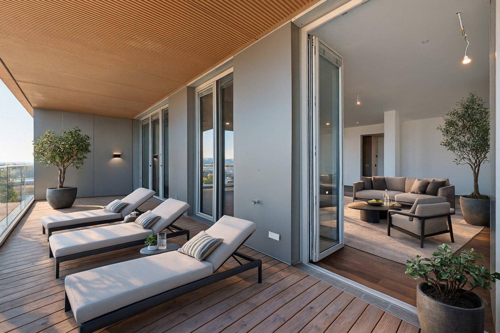 Große Terrasse mit Sonnenliegen und Zugang zum Wohnbereich, ideal zum Entspannen.