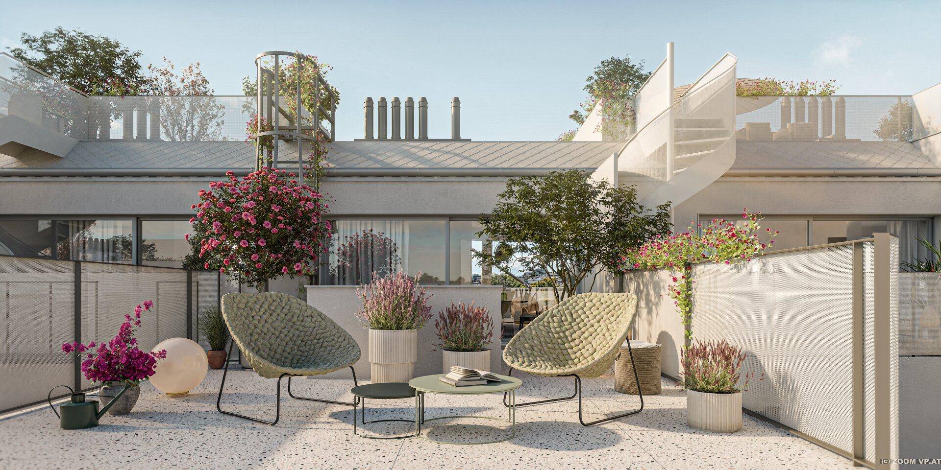 Geräumige Dachterrasse mit Sitzgelegenheiten, Pflanzen und Wendeltreppe zum oberen Bereich.
