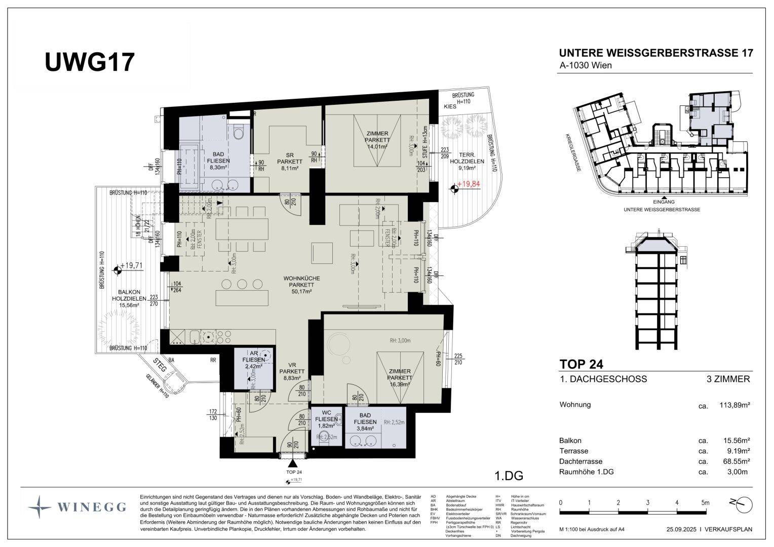 Detaillierter Grundriss einer Dachgeschosswohnung mit drei Zimmern und Balkon.