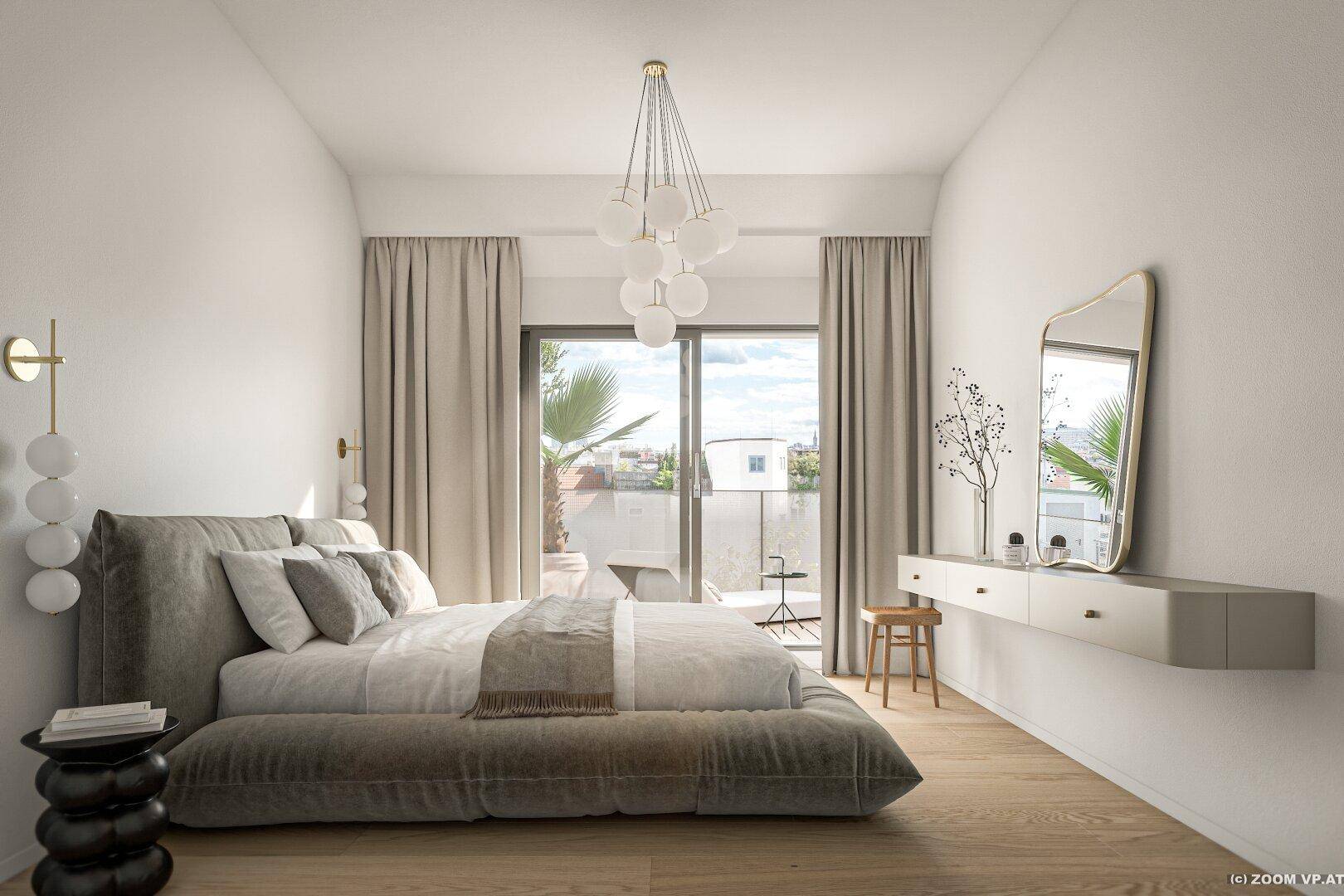 Modernes Schlafzimmer mit großem Bett, schwebendem Schminktisch und Zugang zur Terrasse.