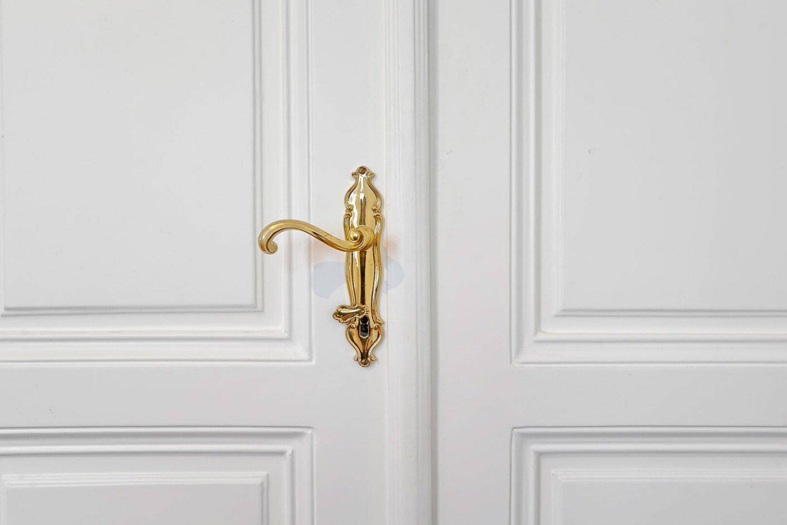 Detailaufnahme einer eleganten, goldenen Türschnalle an einer klassischen weißen Flügeltür.