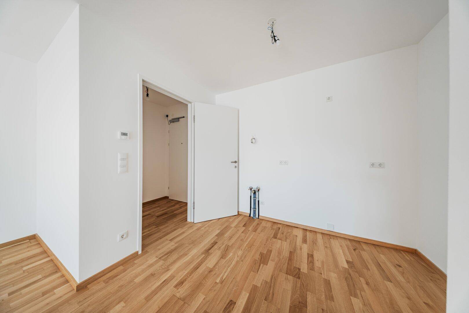 Leerer Raum mit Holzboden und Anschlussmöglichkeiten, ideal als Abstellraum oder Hauswirtschaftsraum.