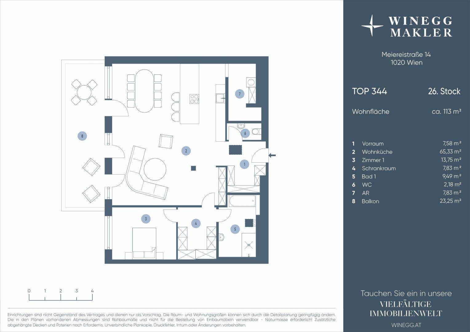 Grundriss einer Wohnung im 26. Stock mit offenem Wohnbereich, Schlafzimmern und Balkon.
