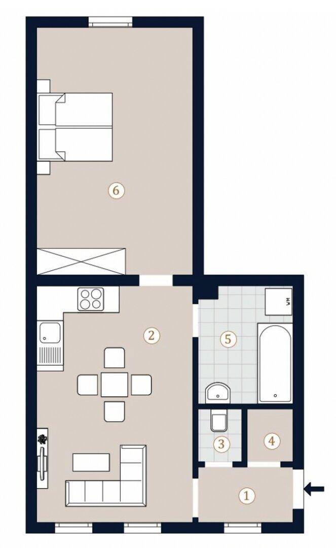 Grundriss einer Wohnung mit Schlafzimmer, offenem Wohnbereich, Bad und separatem WC.